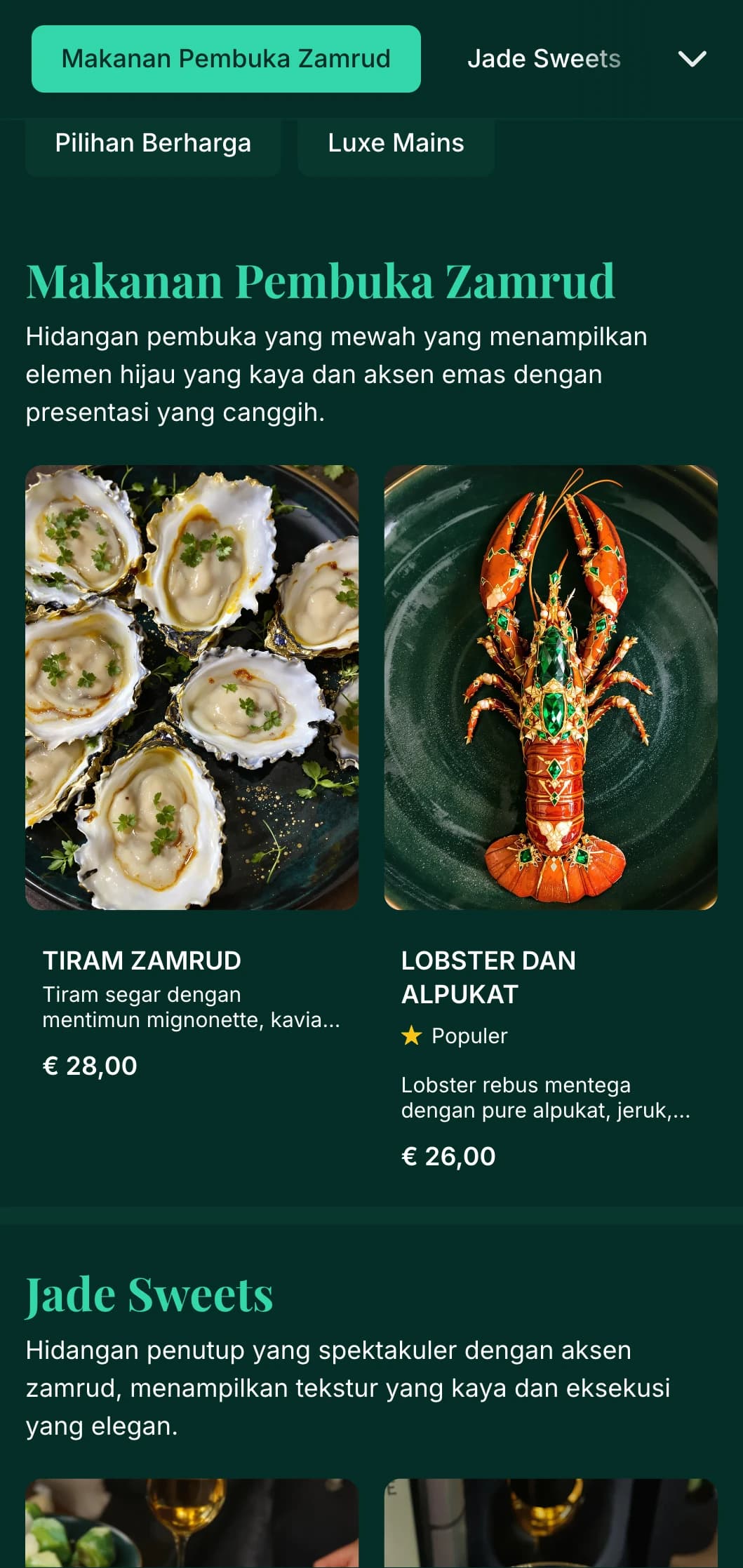 Menu makan malam mewah yang menampilkan warna zamrud yang kaya dan aksen emas, yang dirancang untuk tempat makan kelas atas.