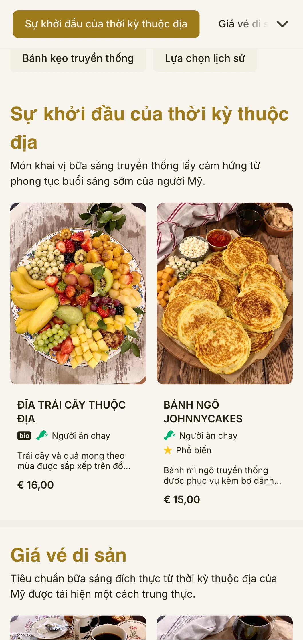 Các món ăn sáng truyền thống lấy cảm hứng từ ẩm thực thuộc địa, được trình bày theo phong cách lịch sử tinh tế.