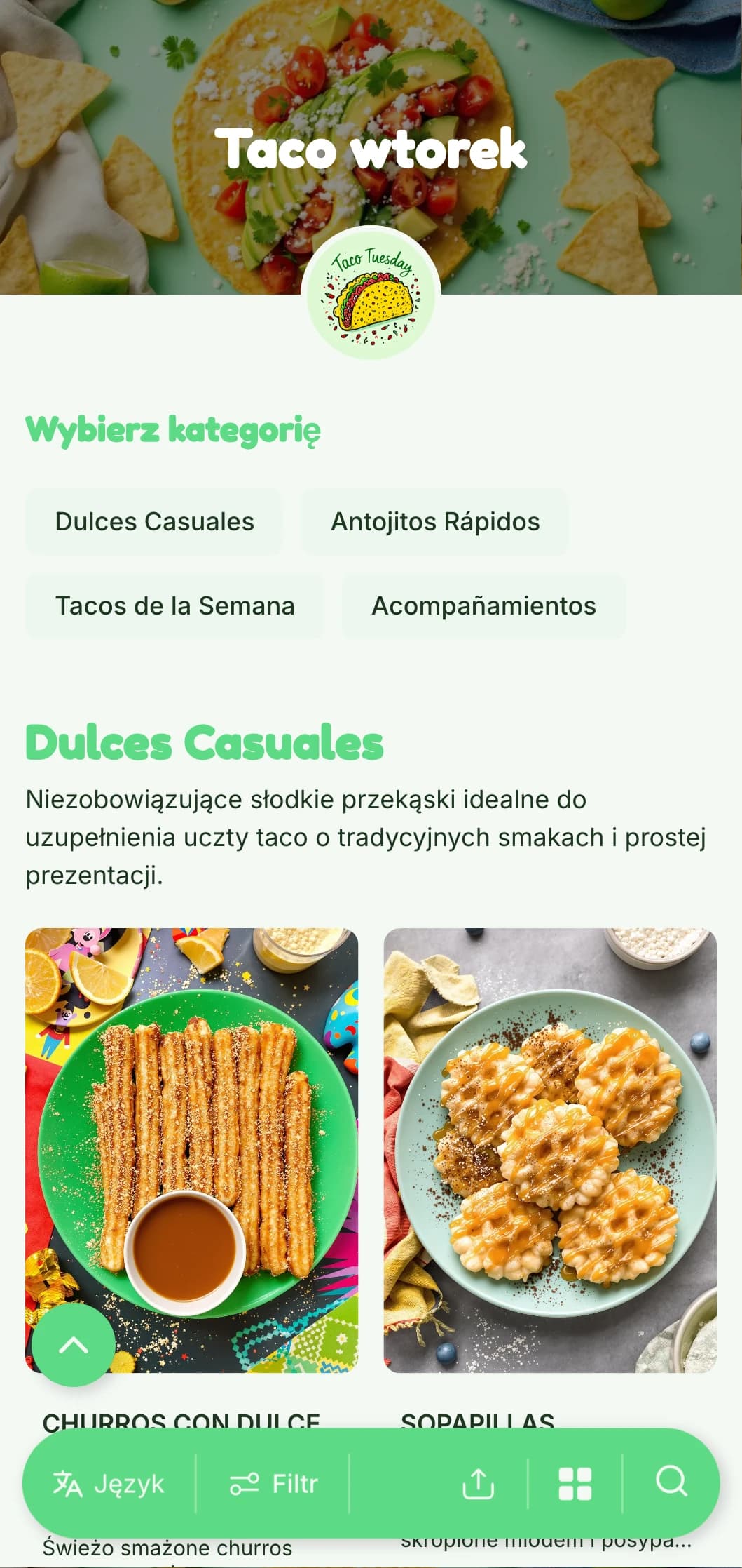 Zabawne i swobodne menu taco z jasnozielonymi akcentami, zabawnymi ilustracjami i kreatywnymi wariacjami taco w dni powszednie.