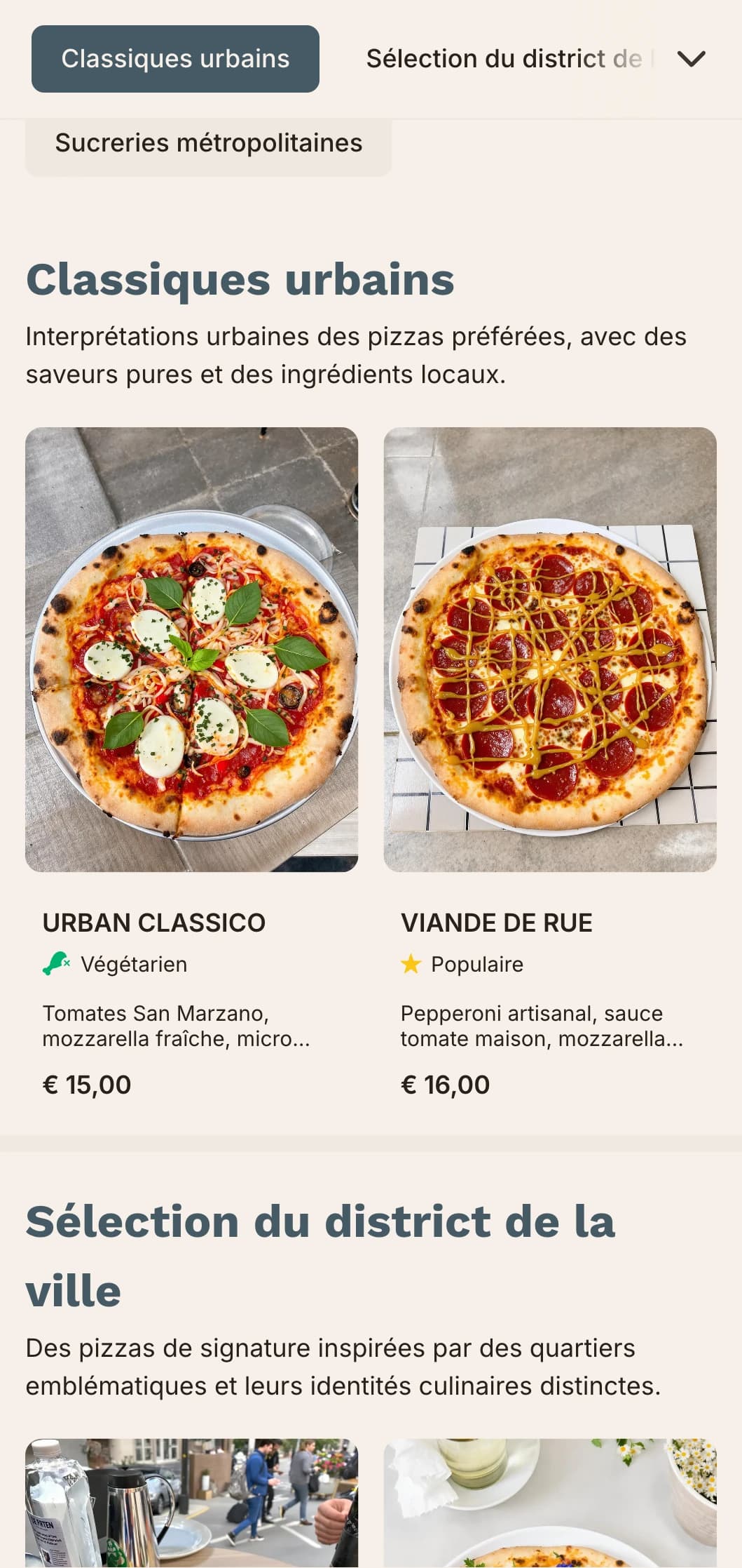 Carte de pizzas urbaines et métropolitaines aux lignes épurées et au design contemporain pour les lieux urbains.