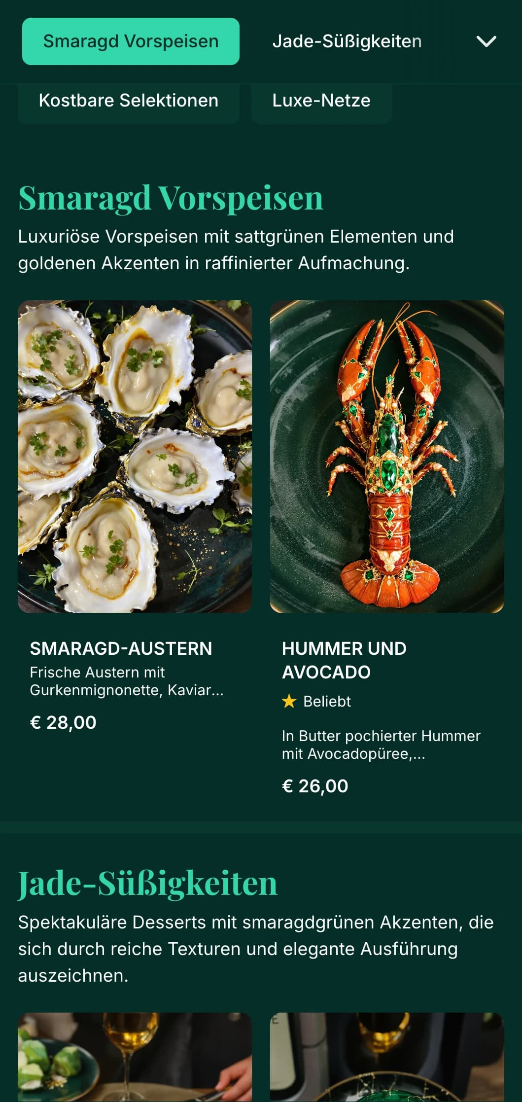 Ein luxuriöses Abendmenü in satten Smaragdtönen und mit goldenen Akzenten, das für gehobene Gastronomiebetriebe konzipiert wurde.