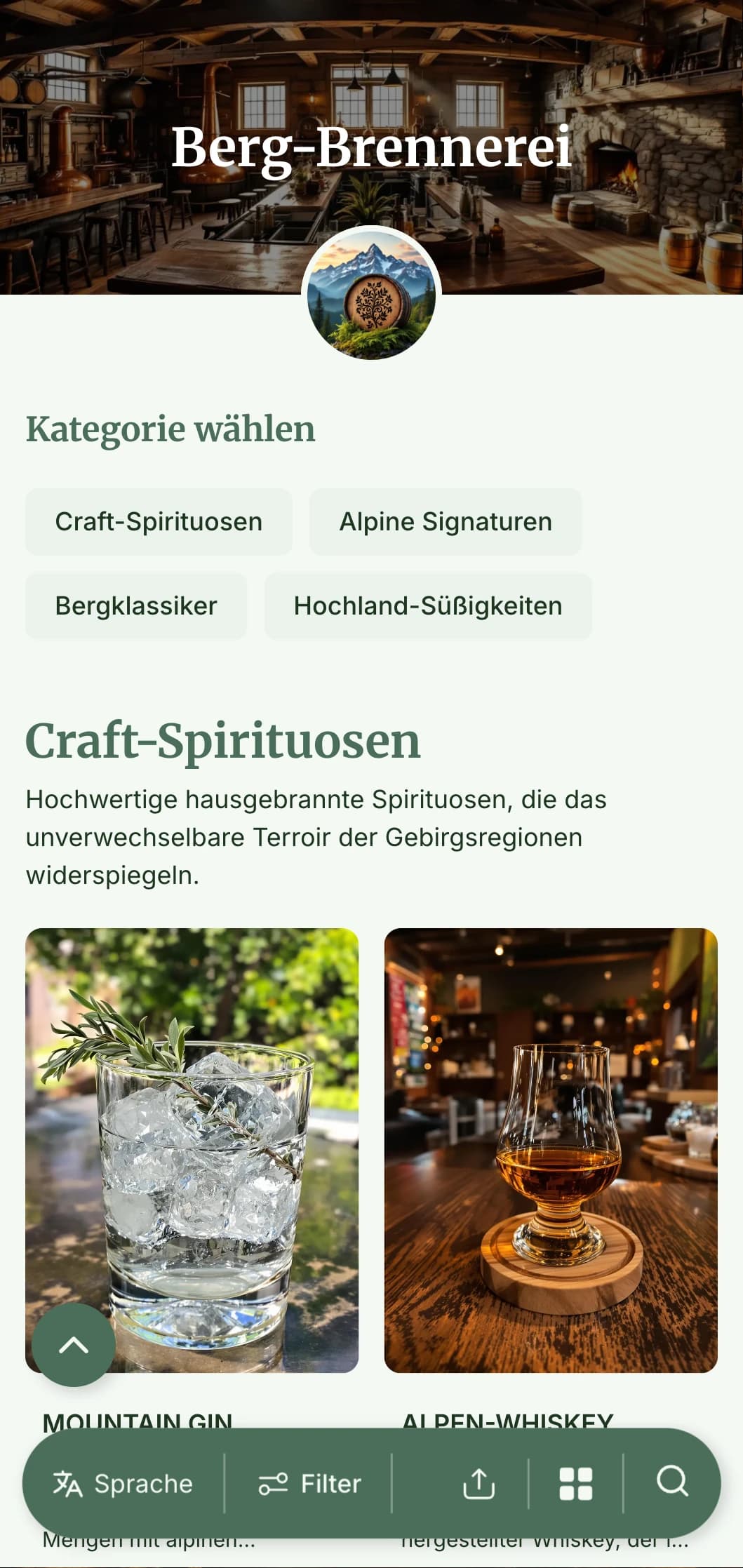 Ein rustikales, alpin inspiriertes Design für Bergbrennereien und Spirituosenbars mit erdigen Tönen und natürlichen Elementen.