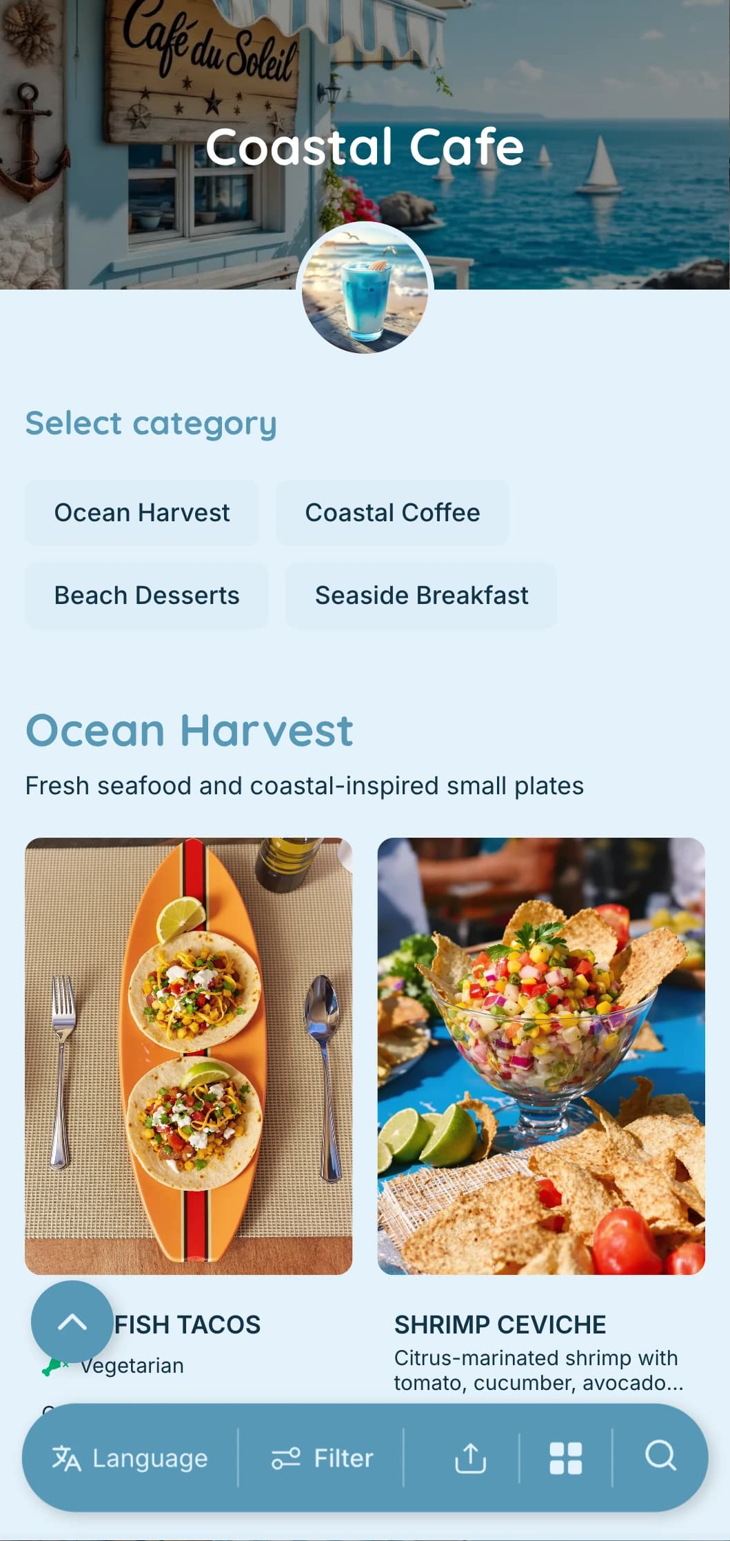 Breezy blue design with coastal elements for seaside cafes and beach-front coffee shops.