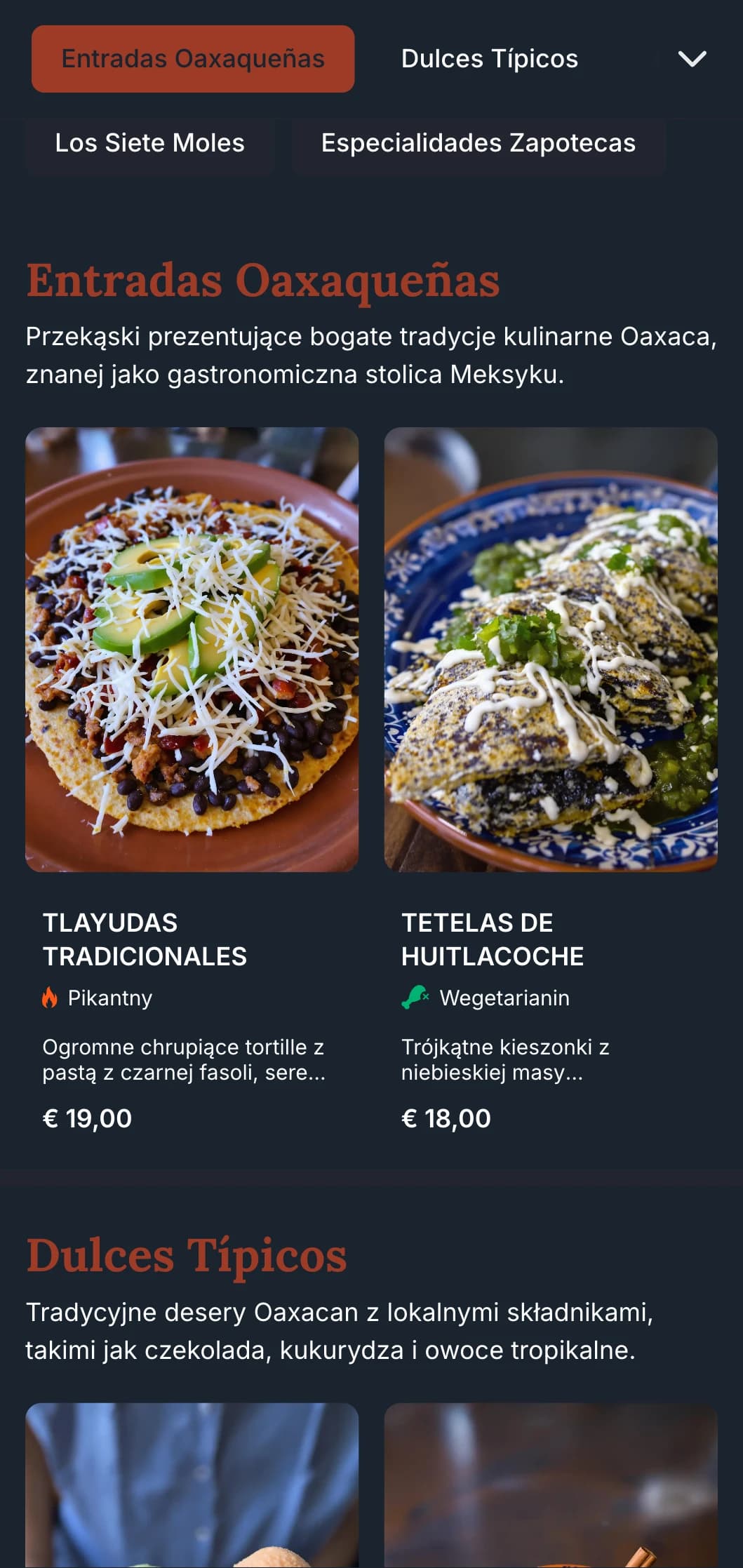 Bogate i ziemiste menu celebrujące tradycje kulinarne Oaxaca z akcentami z terakoty, rdzennymi wzorami i specjalnymi potrawami z kreta.