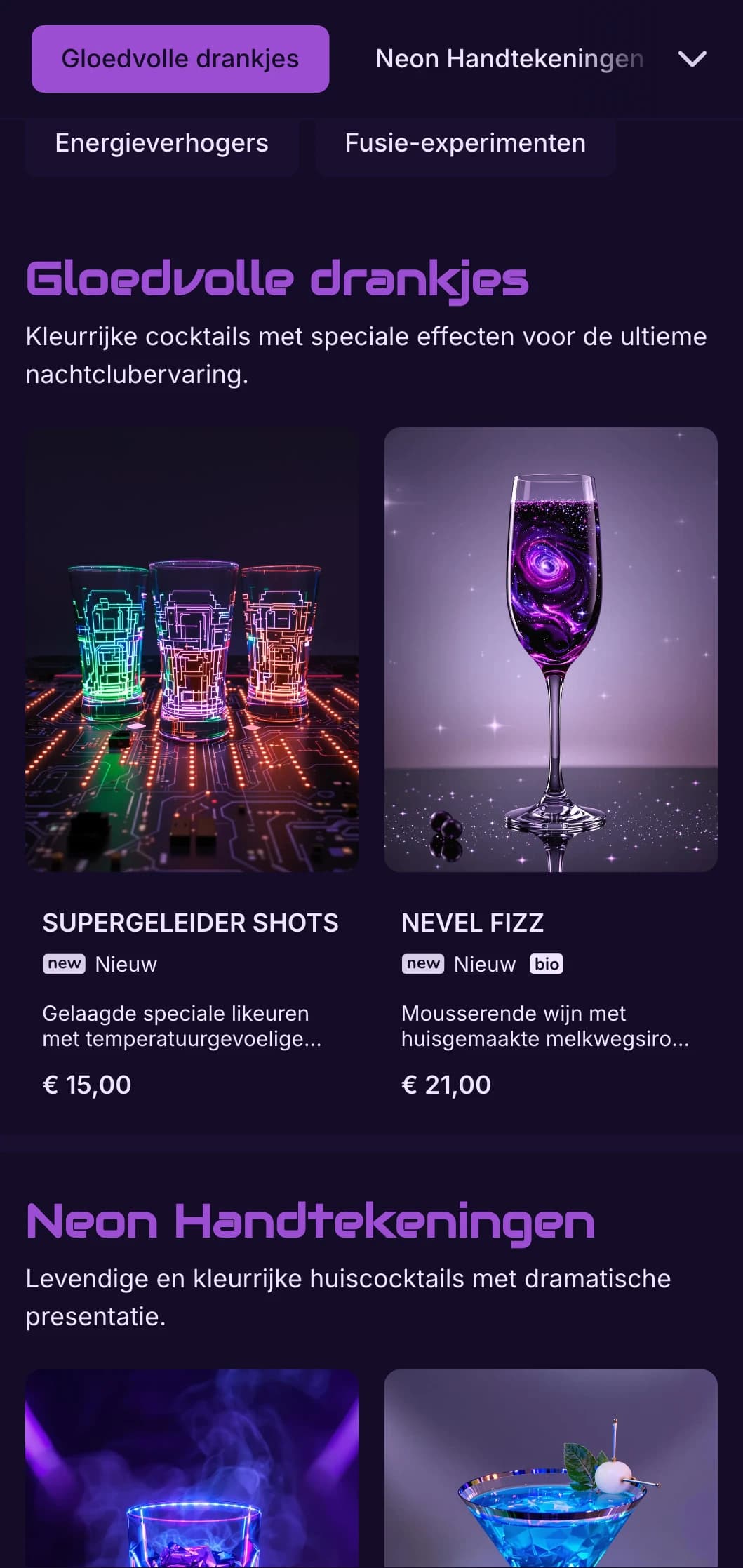 Contrastrijk paars en zwart ontwerp met neonelementen voor eigentijdse cocktailbars.