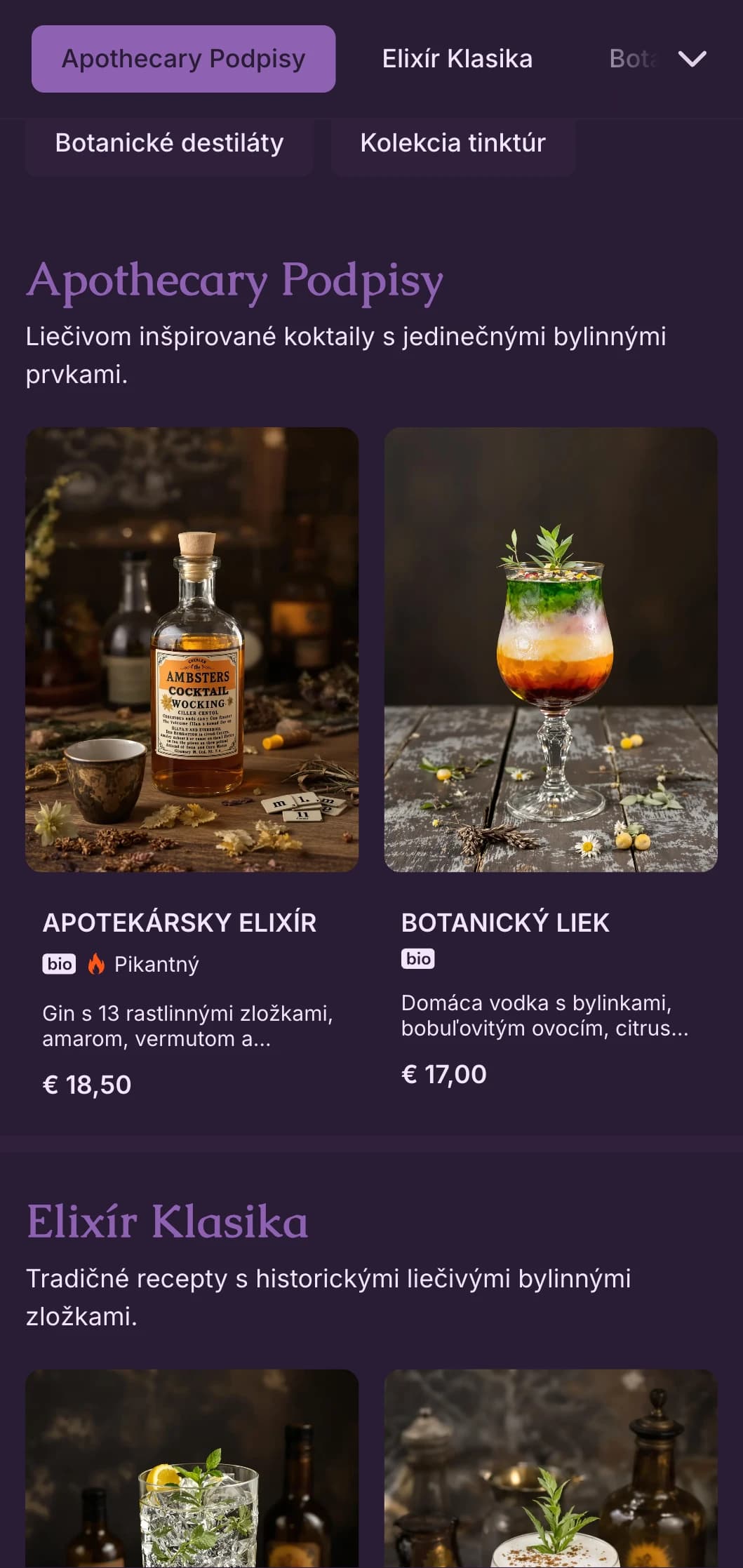Tajomný fialový dizajn s botanickými ilustráciami pre remeselné koktailové laboratóriá.