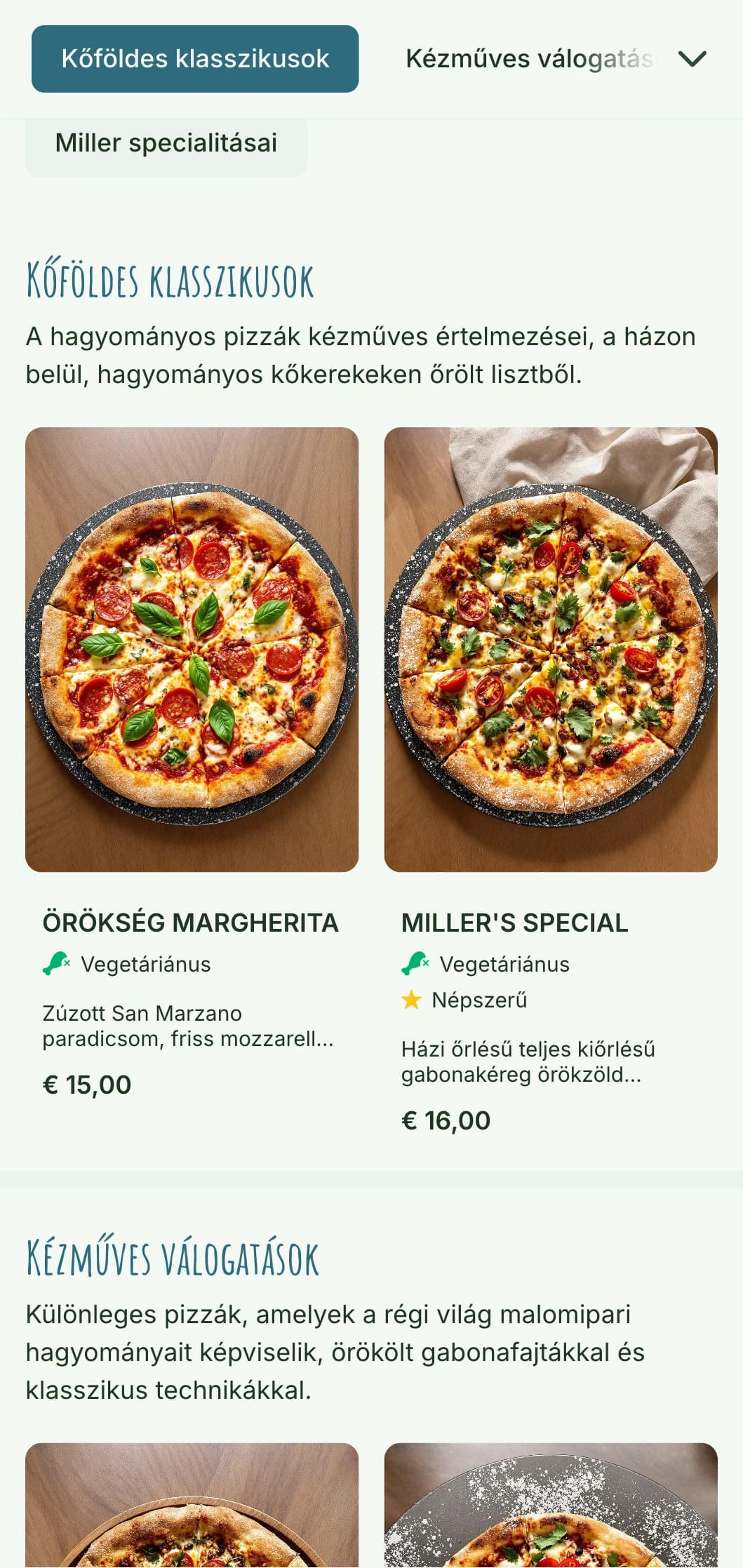 Rusztikus, kőből őrölt lisztből készült pizzamenü kézműves elemekkel és természetes esztétikával.