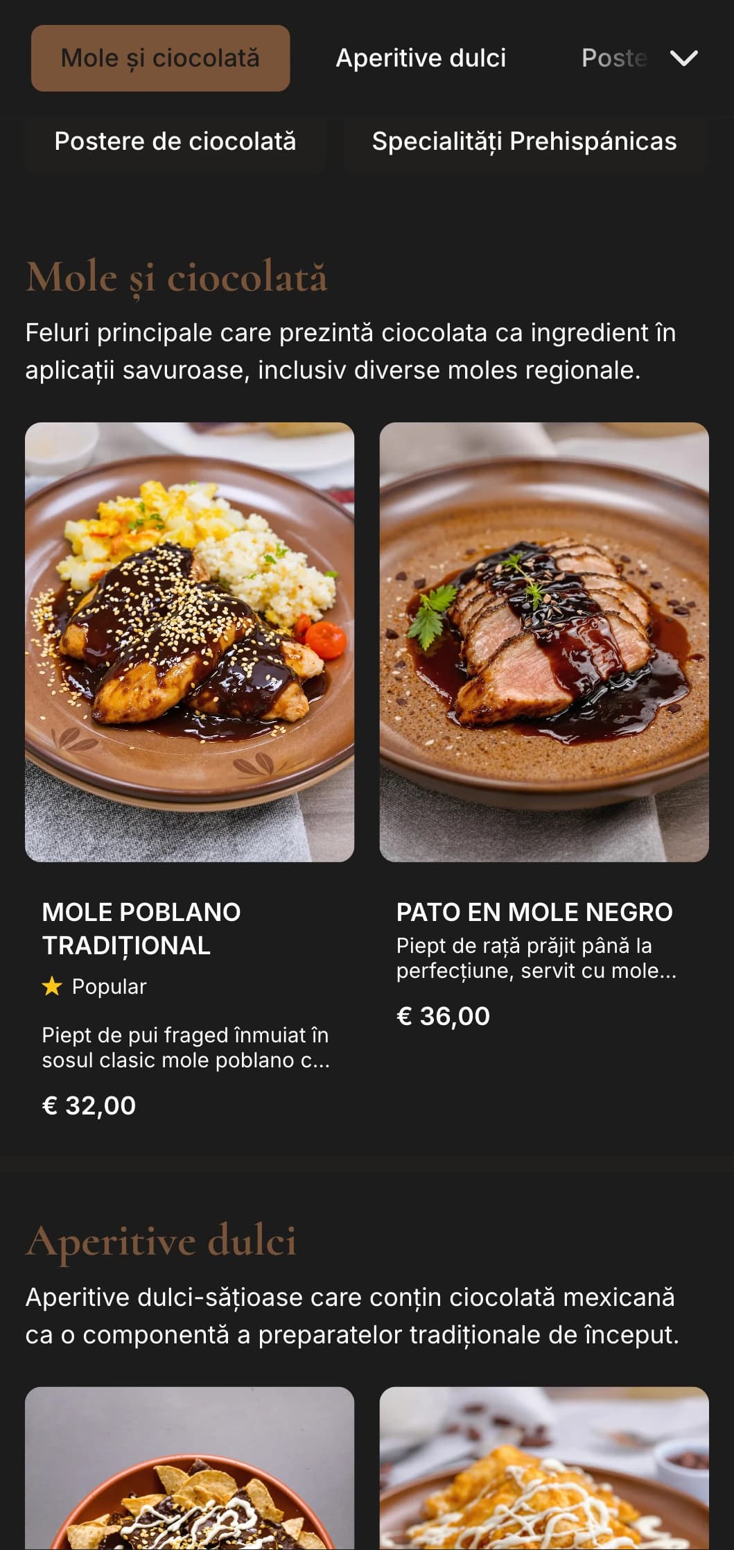 Meniu de desert mexican bogat și indulgent, cu tonuri calde de ciocolată maro, dulciuri tradiționale și preparate autentice din ciocolată.