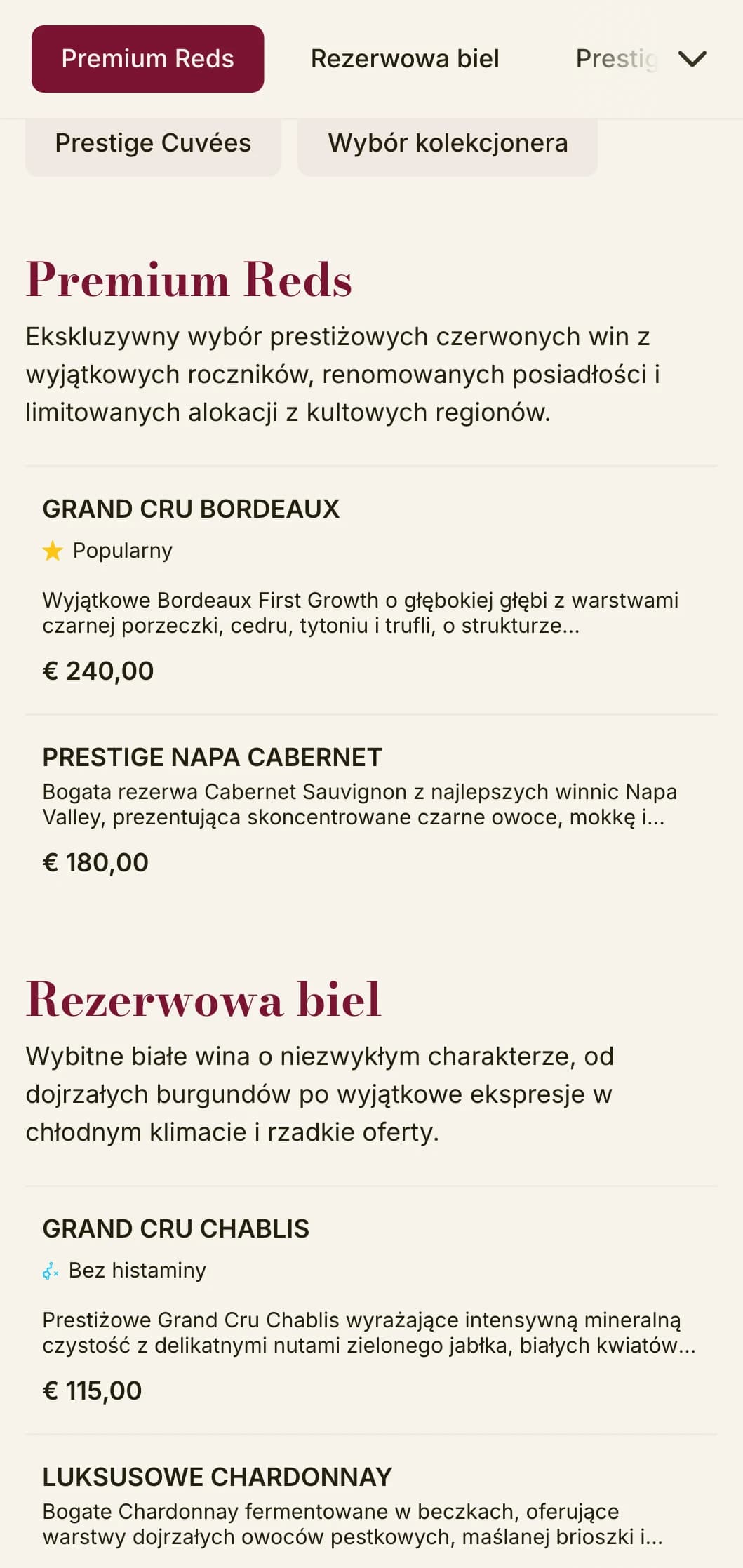 Dramatycznie luksusowy szablon karty win z bogatymi bordowymi akcentami i wyrafinowaną typografią, idealny dla najlepszych restauracji i piwnic z winami.