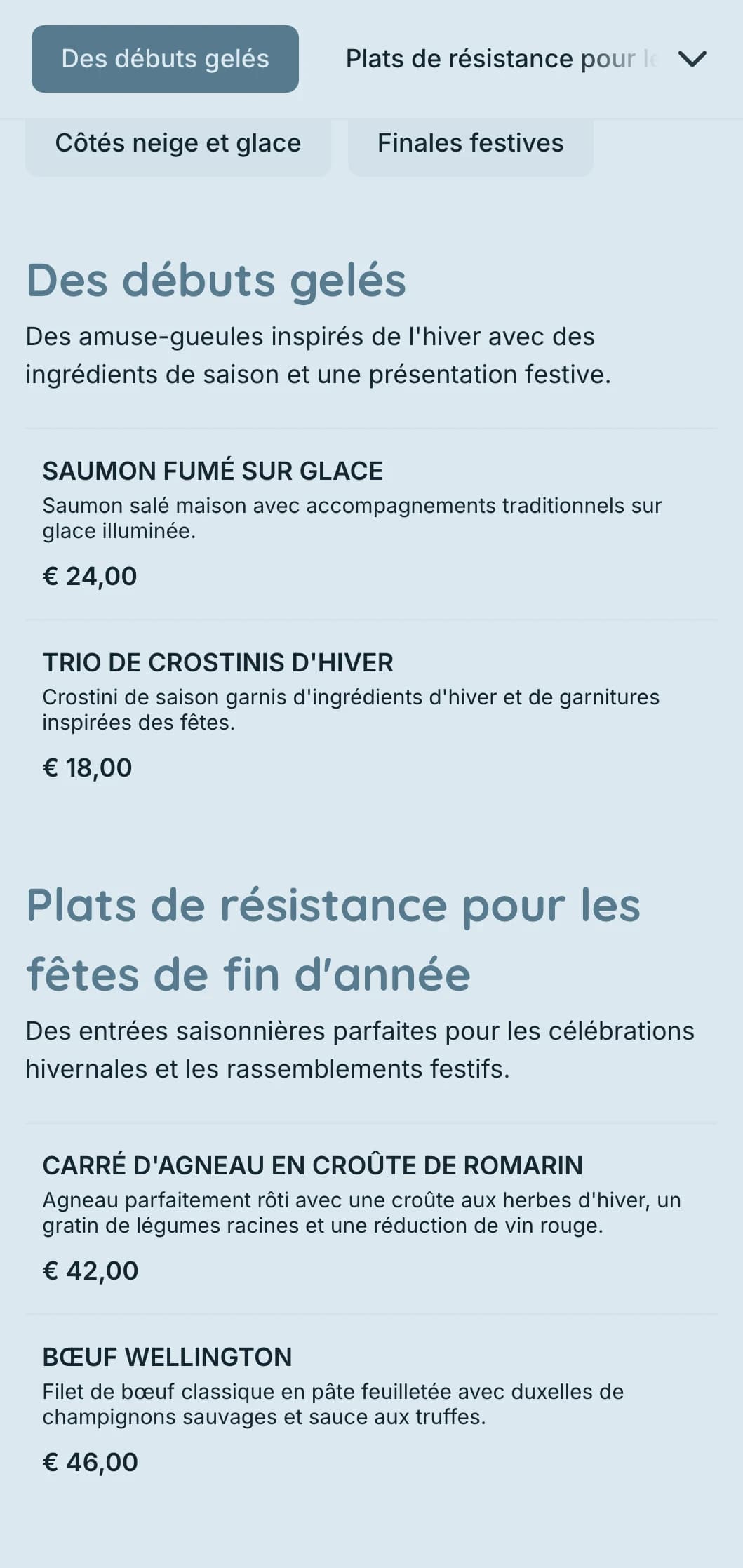 Restauration magique sur le thème de l'hiver avec des ingrédients de saison, une présentation spectaculaire et des éléments chaleureux pour les fêtes de fin d'année et les événements hivernaux.