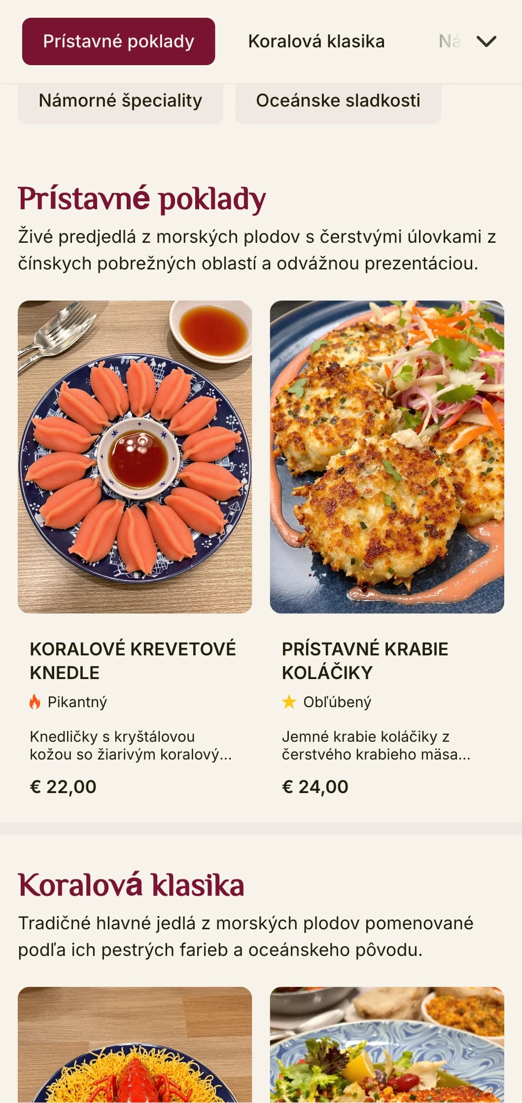 Žiarivý dizajn čínskeho menu inšpirovaný koralovou a prístavnou estetikou s výraznými farbami pre reštaurácie s morskými plodmi.