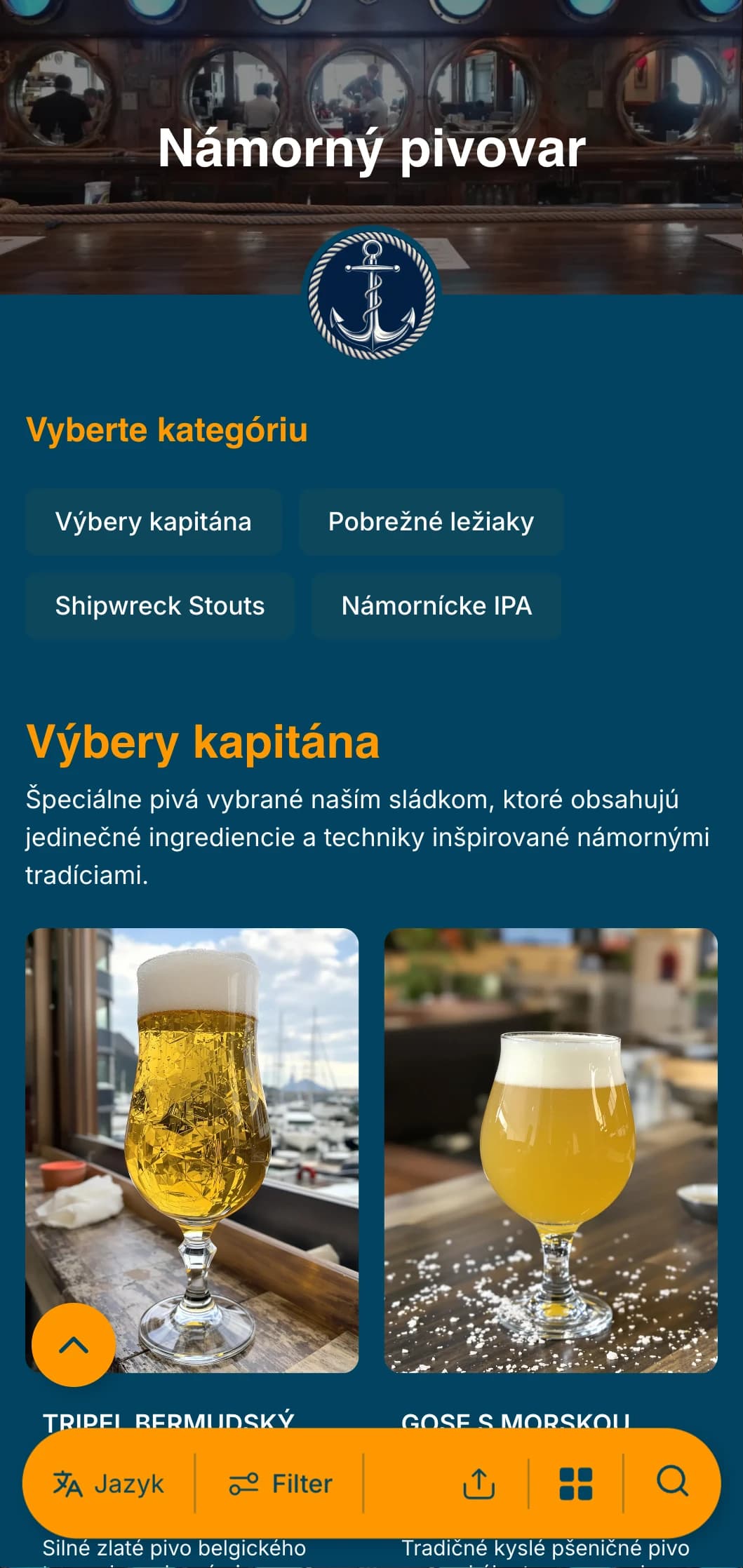 Šablóna s námornou tematikou s námornými modrými tónmi a námornými prvkami, ideálna pre pobrežné pivovary a prístavné krčmy.