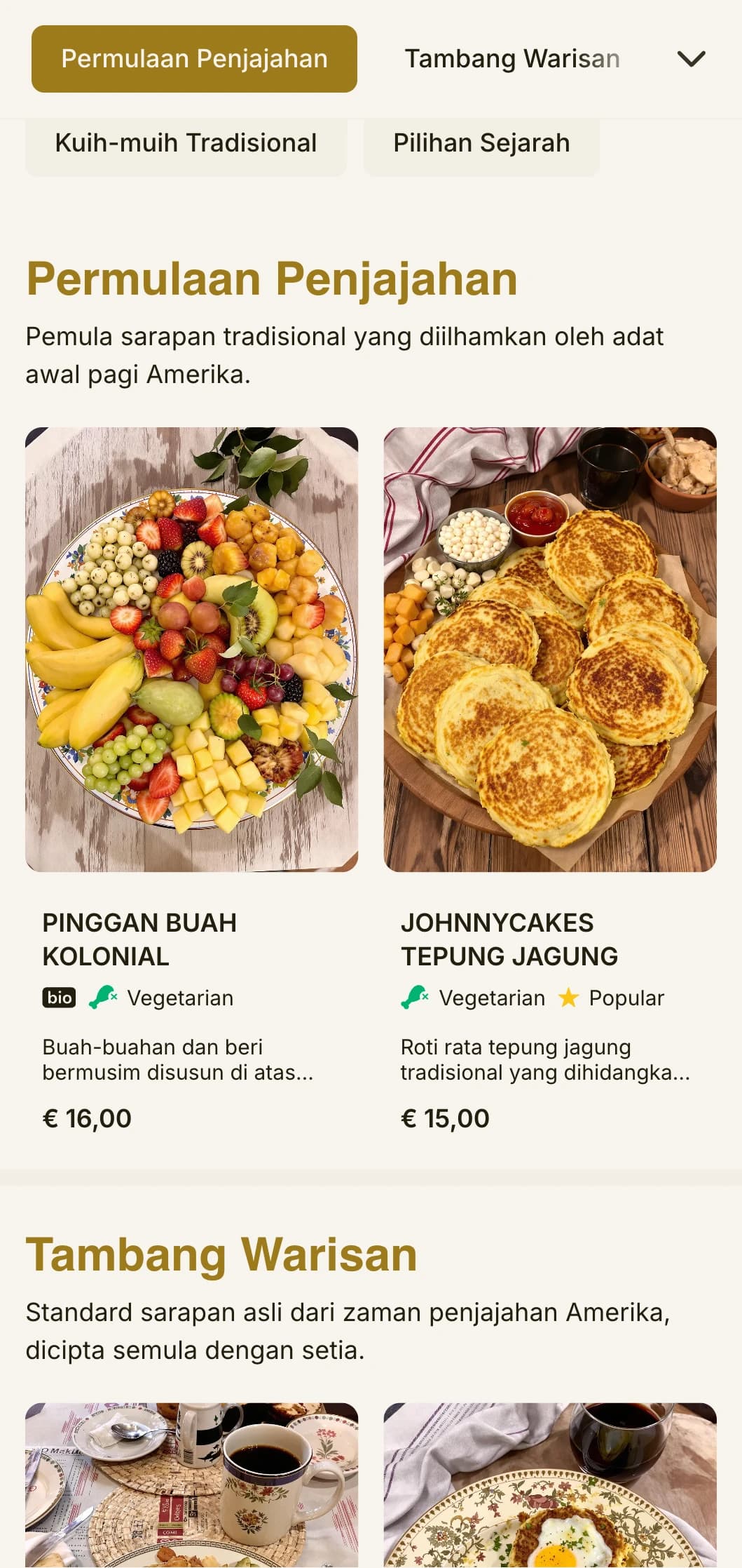 Pilihan sarapan tradisional yang diilhamkan oleh masakan kolonial, disajikan dengan unsur sejarah yang halus.