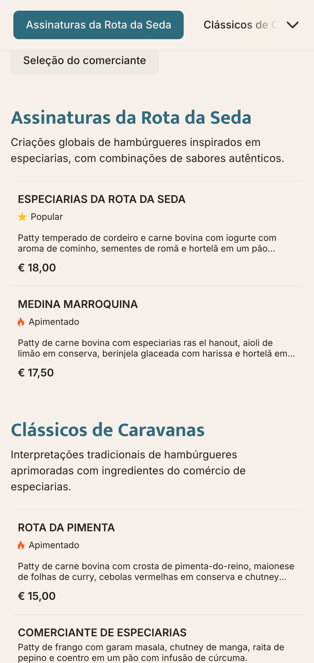 Menu de hambúrgueres inspirado no comércio de especiarias, com perfis de sabores globais e referências históricas.