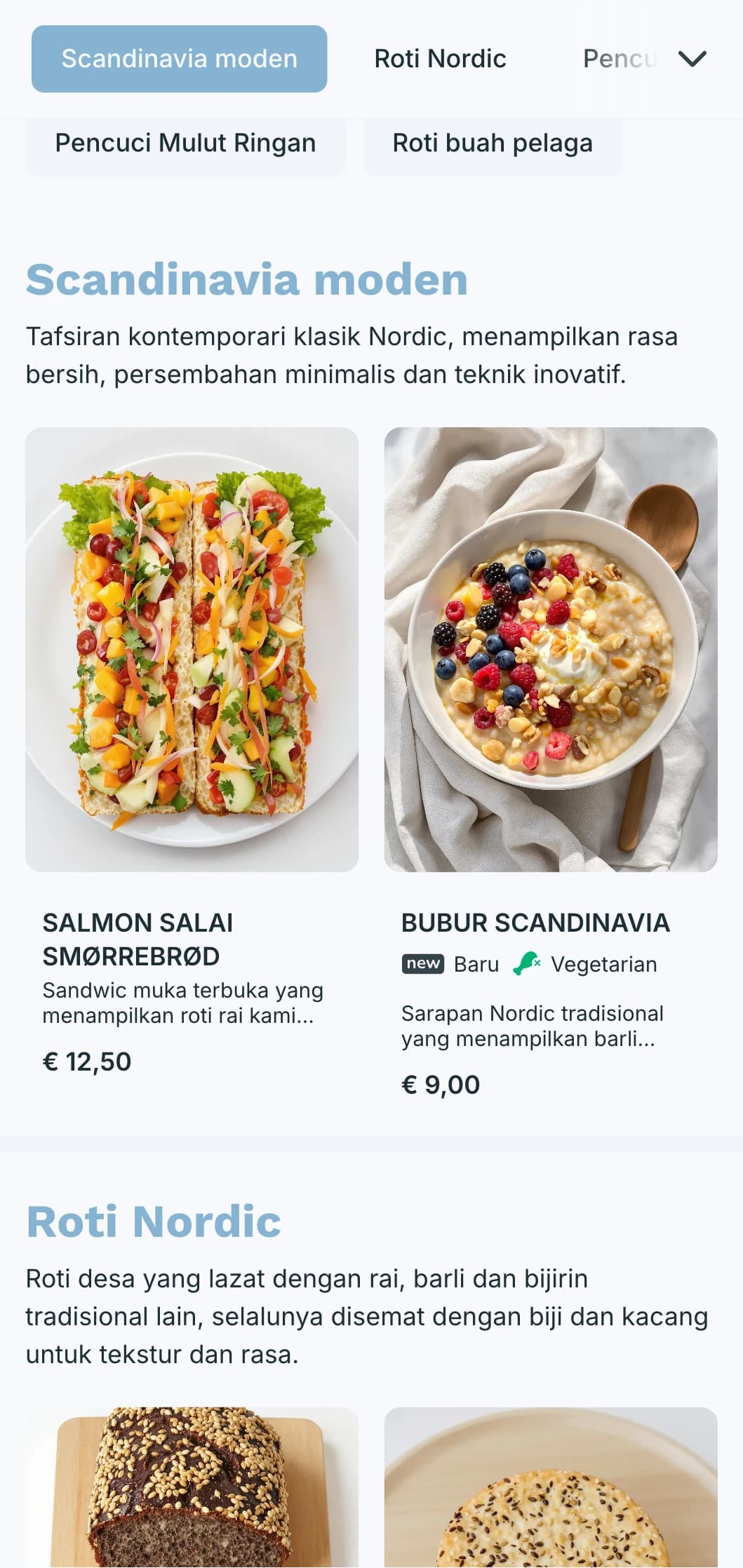 Reka bentuk menu bakeri ringan dan lapang dengan rona biru sejuk dan tipografi bersih, sesuai untuk kedai roti berinspirasikan Scandinavia dan kafe moden.