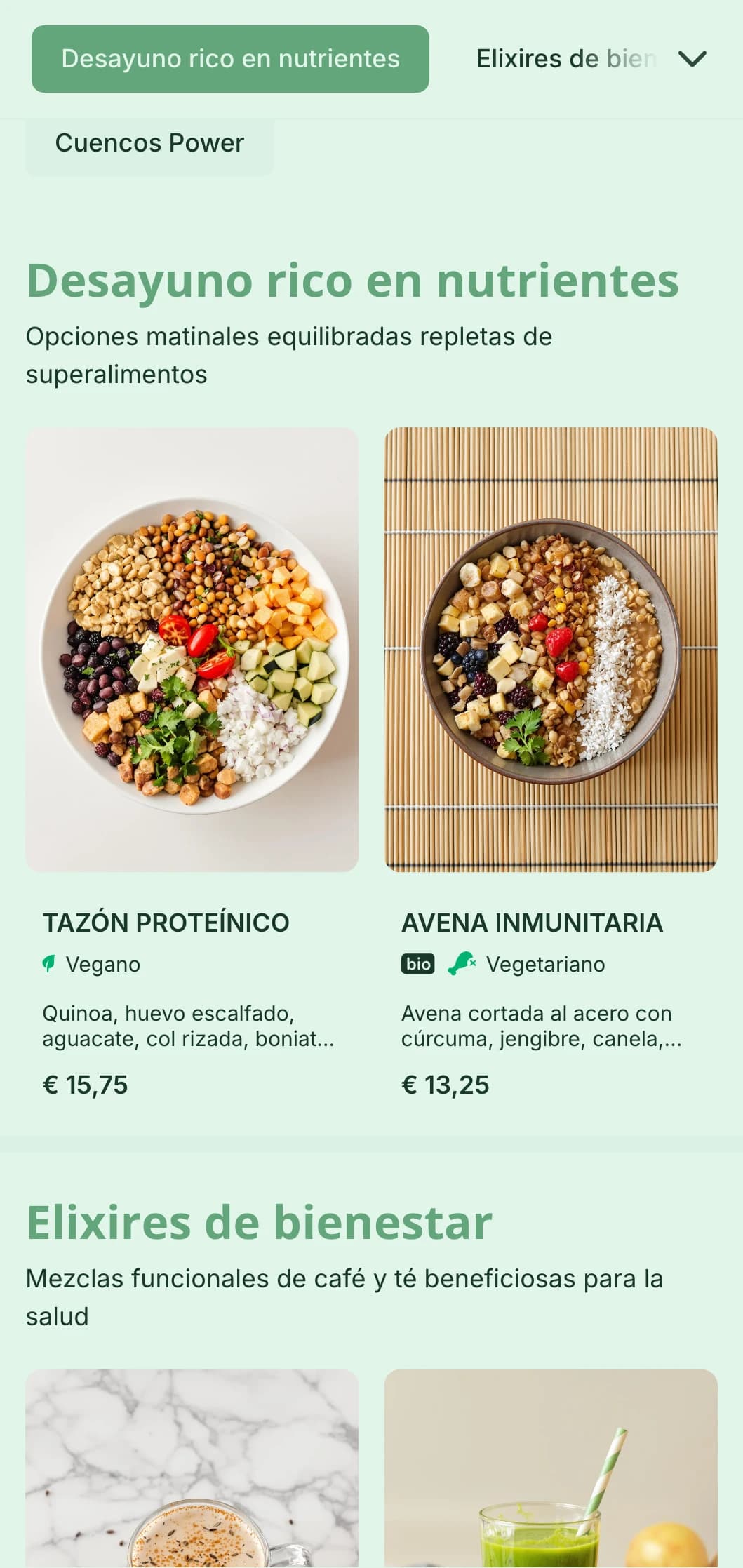 Fresco diseño ecológico que hace hincapié en las opciones saludables para cafeterías y zumerías centradas en el bienestar.