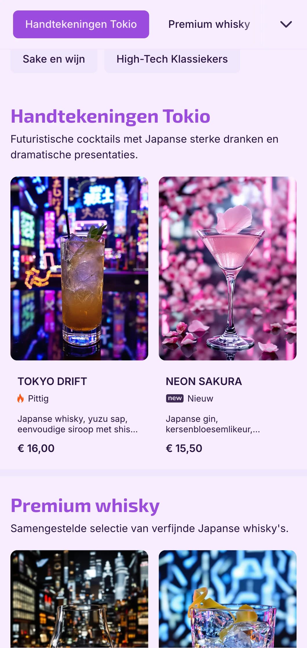 Diep paars en zwart ontwerp met technische elementen voor futuristische, Japans geïnspireerde bars.