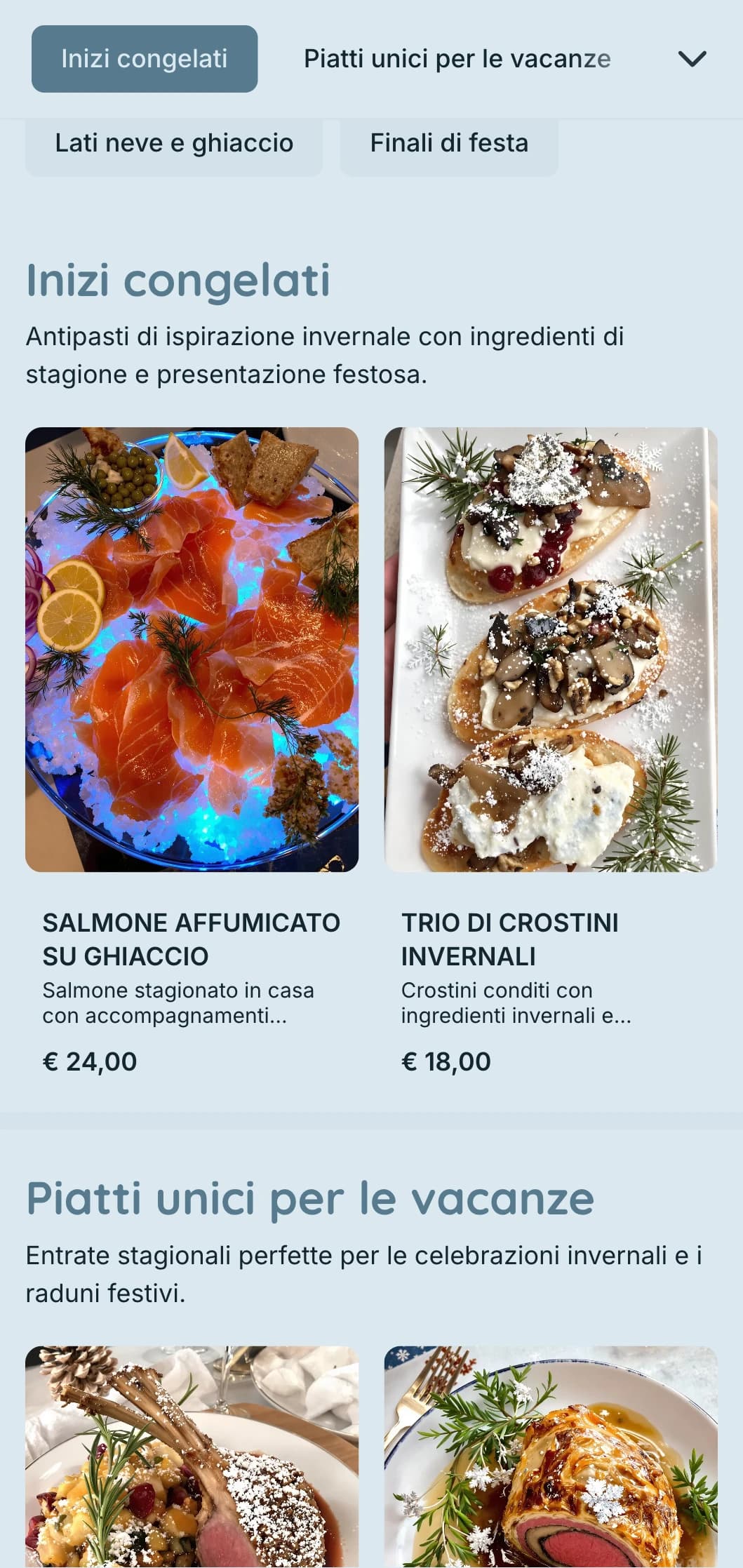 Magico catering a tema invernale con ingredienti di stagione, presentazione scenografica ed elementi accoglienti per feste ed eventi invernali.