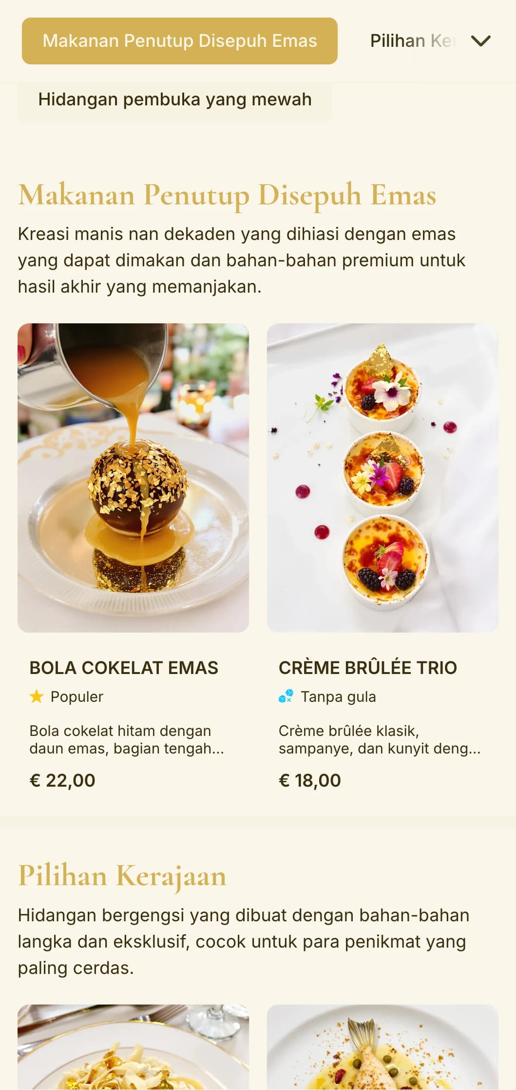 Desain bertema emas yang mewah memancarkan kemewahan dan eksklusivitas, cocok untuk restoran kelas atas dan acara makan malam khusus.