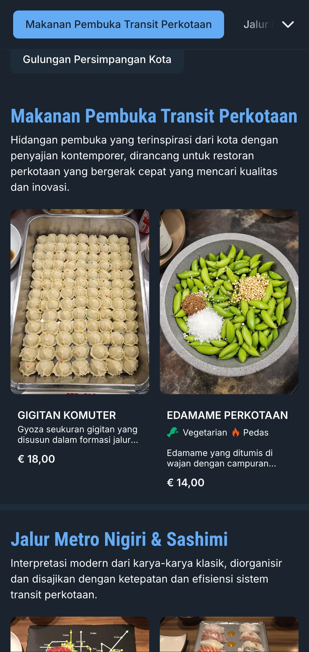 Menu sushi urban yang terinspirasi dari kereta bawah tanah dengan aksen biru yang sejuk dan tipografi kontemporer untuk lokasi di pusat kota.