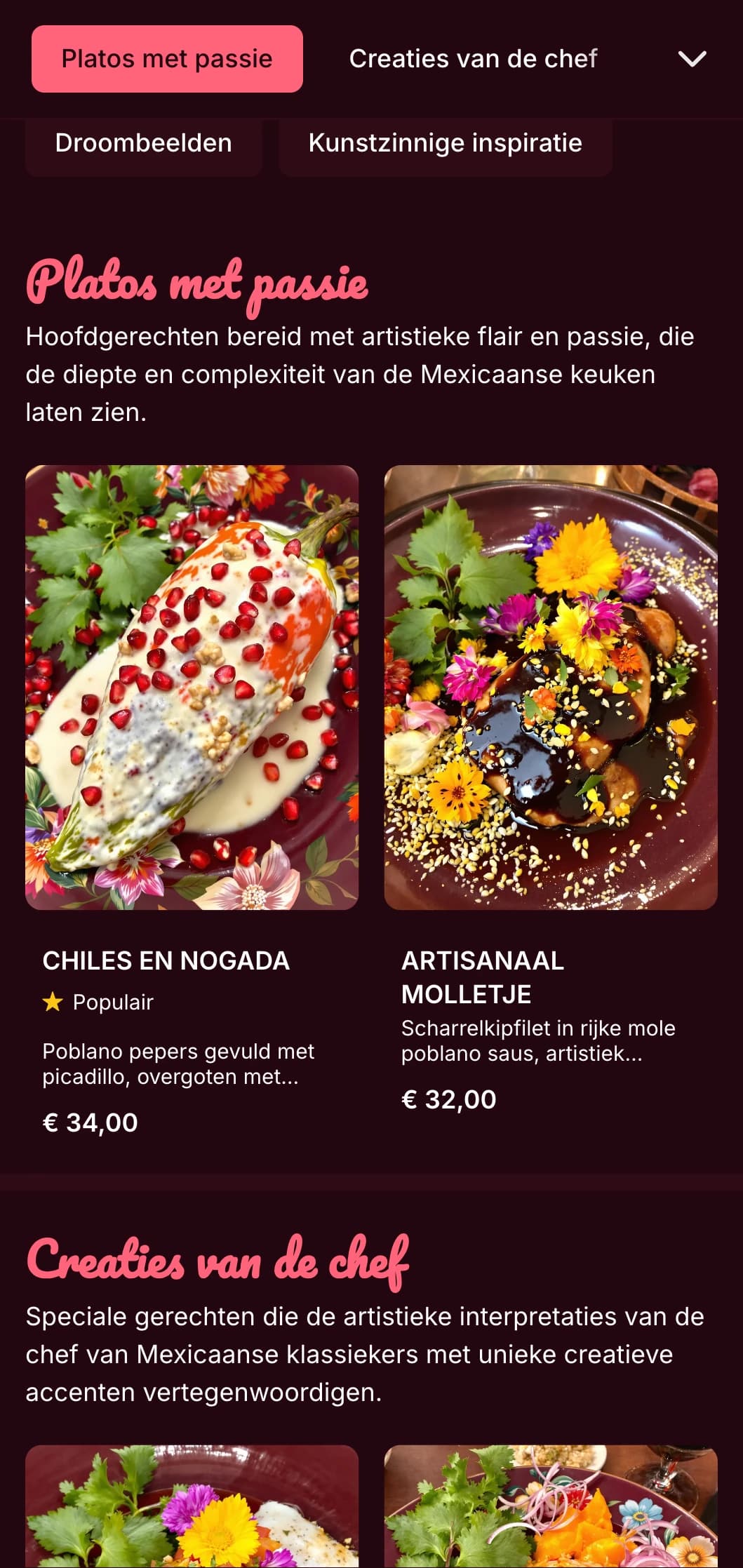Artistiek en levendig menu geïnspireerd door Frida Kahlo met felroze accenten, kleurrijke Mexicaanse gerechten en creatieve presentaties.