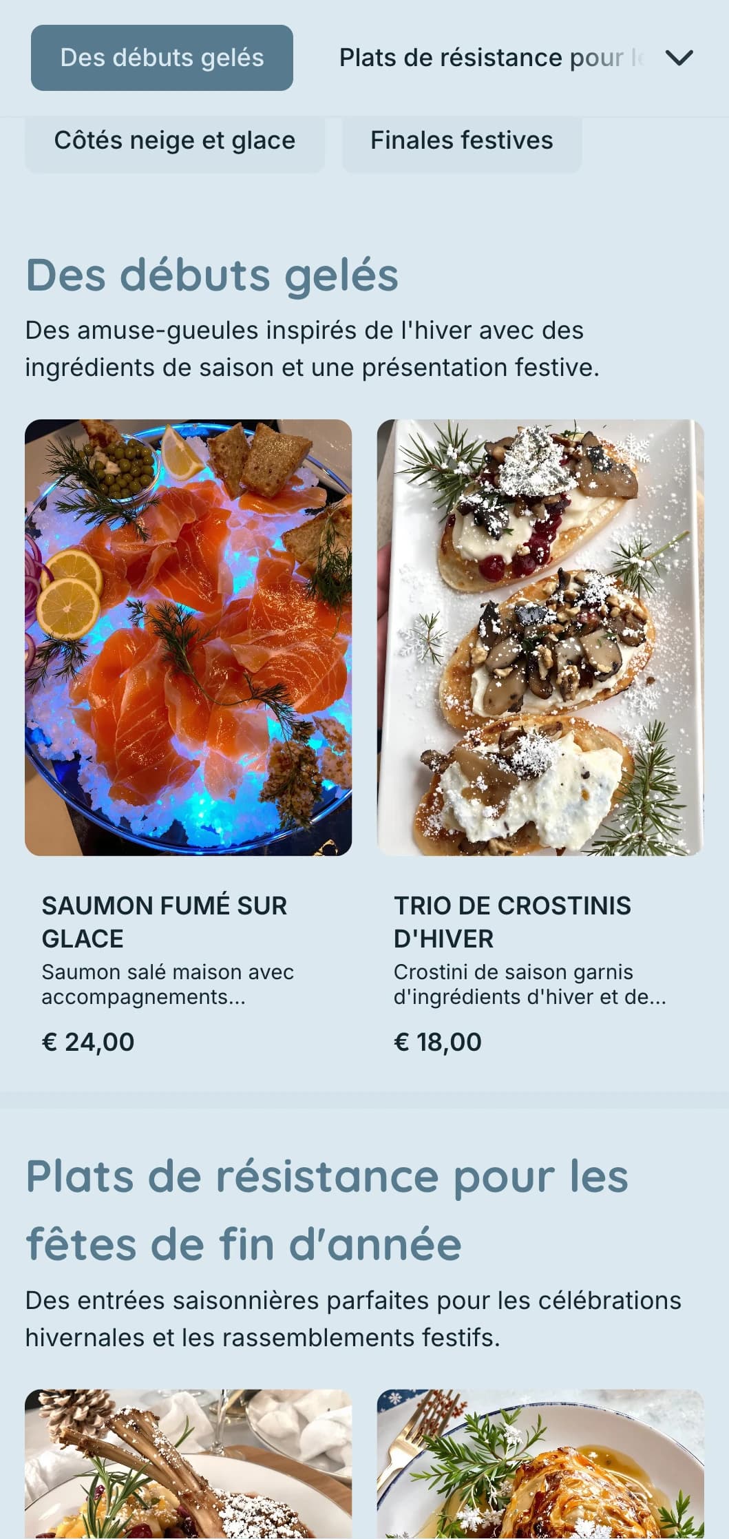 Restauration magique sur le thème de l'hiver avec des ingrédients de saison, une présentation spectaculaire et des éléments chaleureux pour les fêtes de fin d'année et les événements hivernaux.