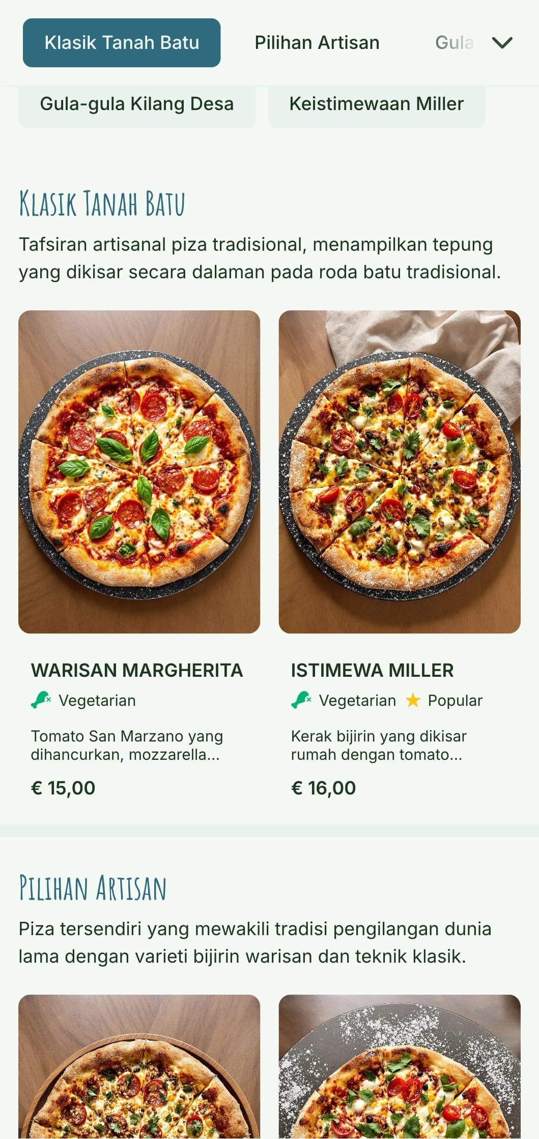 Menu piza tepung batu desa dengan unsur artisan dan estetika semula jadi.