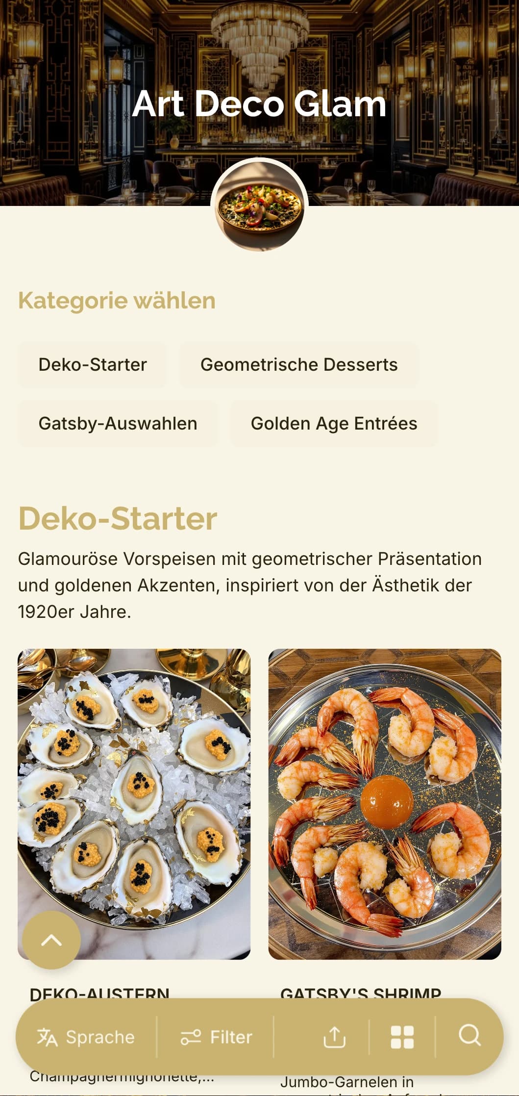 Glamouröses, von den 1920er Jahren inspiriertes Design mit geometrischen Mustern und goldenen Akzenten für ein zeitloses und doch modernes Esserlebnis.