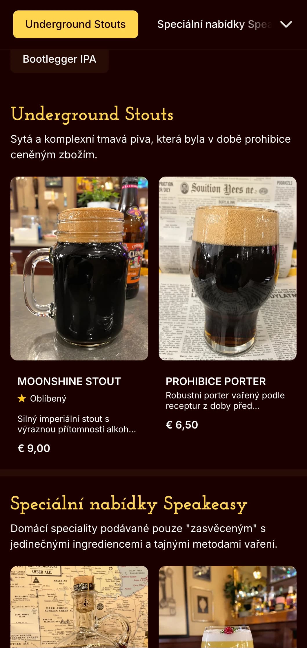 Tajný design z dob prohibice s temnými tóny a tajnůstkářskou estetikou, ideální pro pivní bary s tématikou speakeasy.