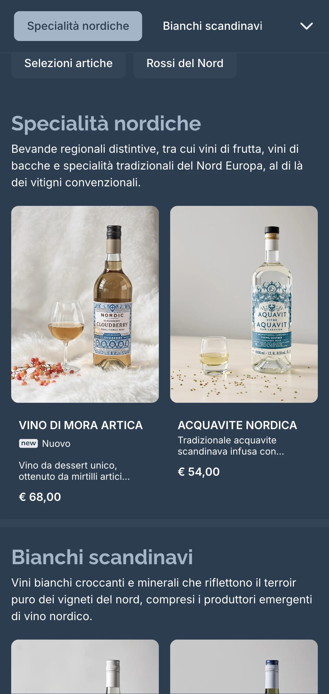 Modello di carta dei vini di ispirazione scandinava con toni blu freddi e design minimalista, ideale per ristoranti nordici contemporanei e wine bar internazionali.