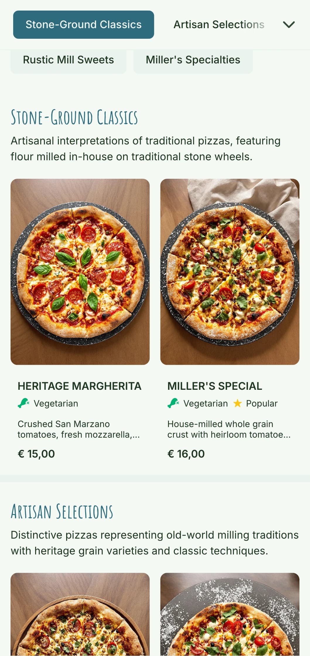 Rustic stone-ground flour pizza menu with artisanal elements and natural aesthetics.