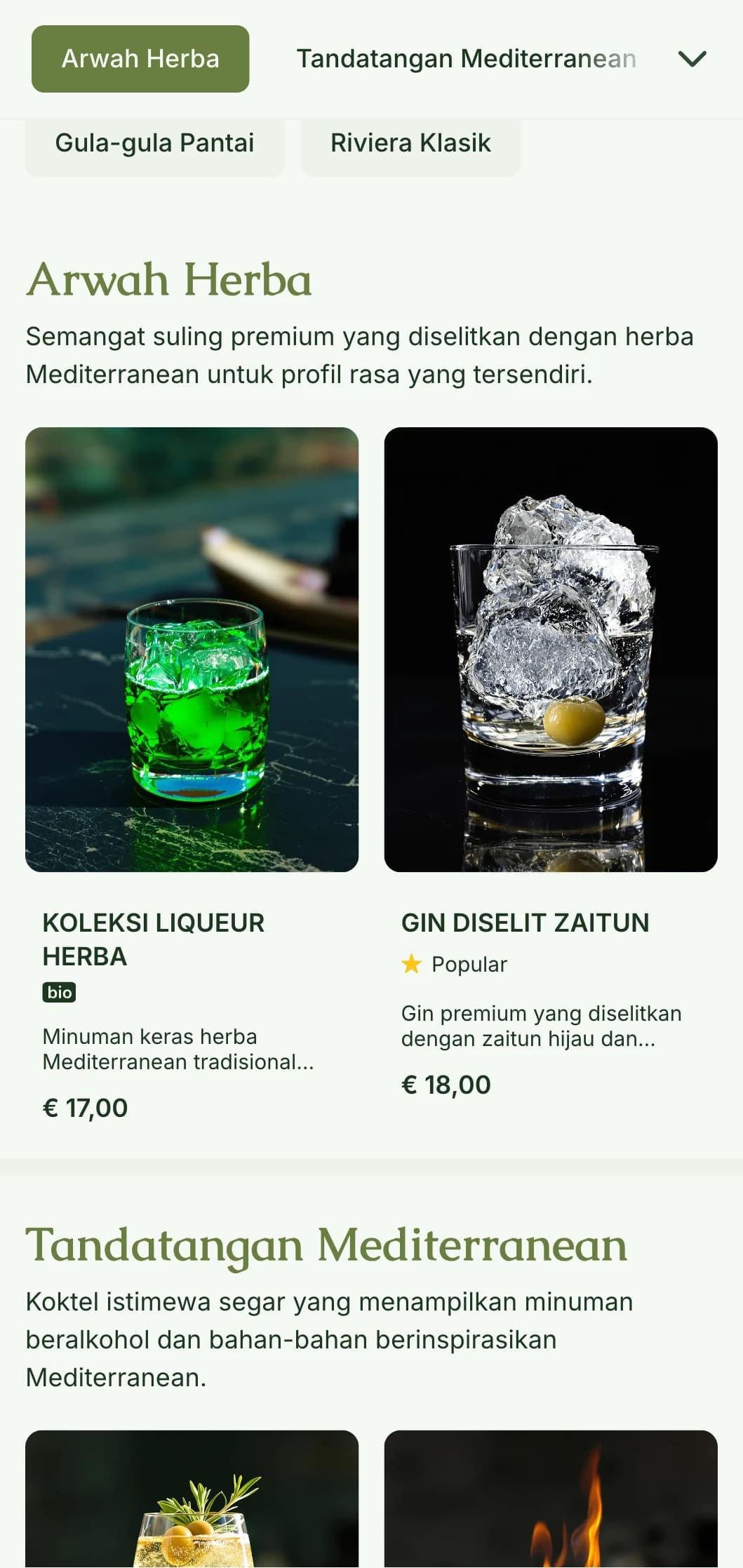 Reka bentuk yang diilhamkan oleh Mediterranean untuk bar yang mengkhusus dalam minuman keras herba dan koktel botani yang menampilkan warna hijau zaitun.