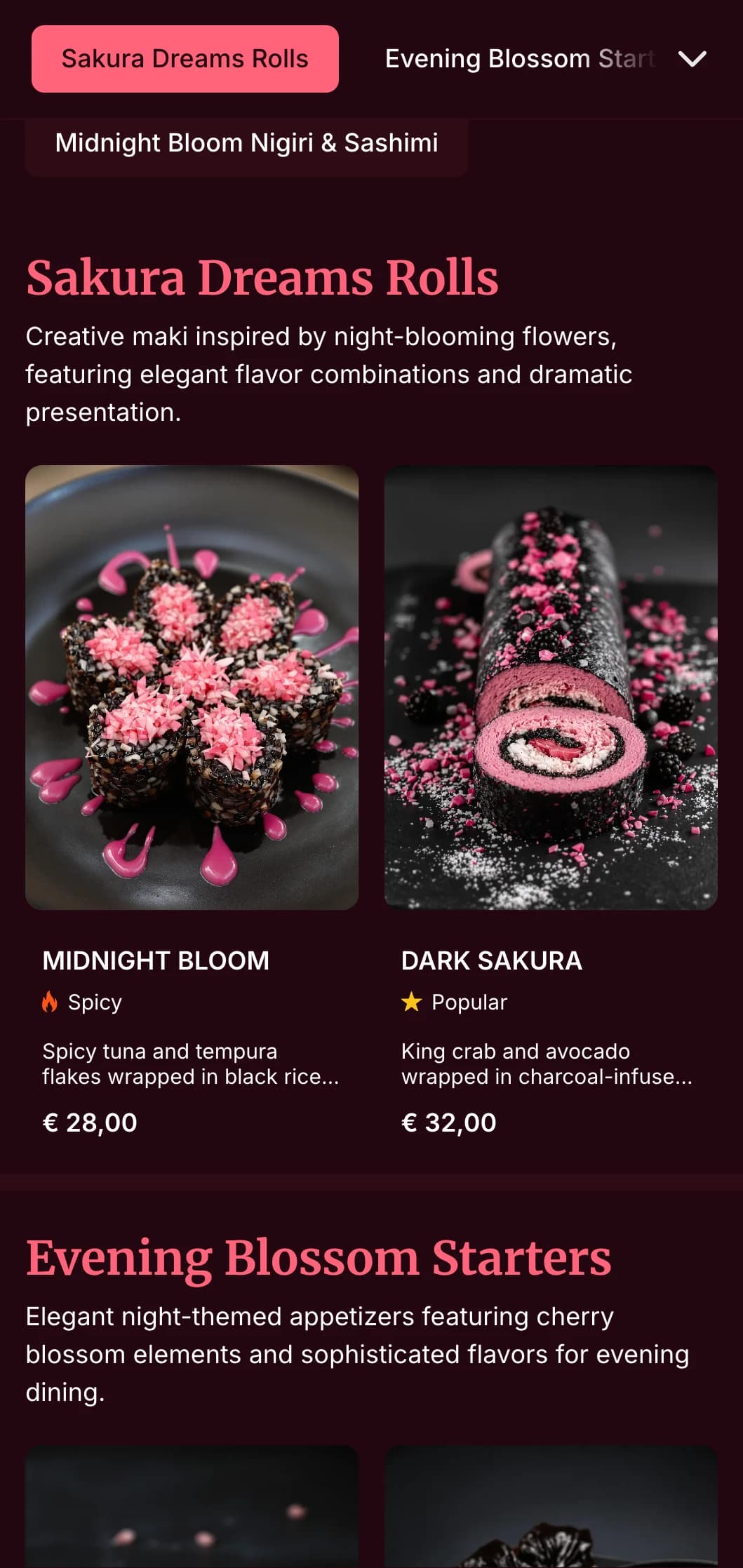 Elegant evening sushi experience with dramatic cherry blossom motifs against deep burgundy for upscale dining.