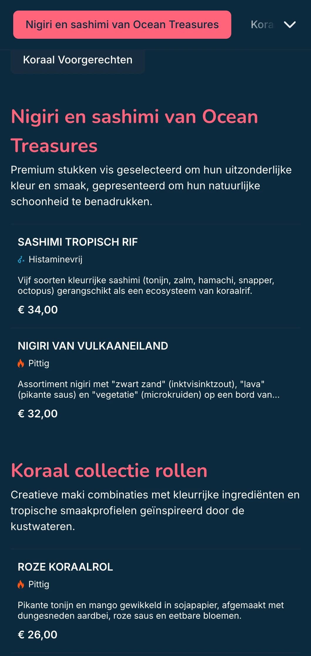 Levendig op de oceaan geïnspireerd sushi-menu met koraalroze accenten tegen een diepblauwe achtergrond, perfect voor vis-, schaal- en schelpdierenspecialisten.