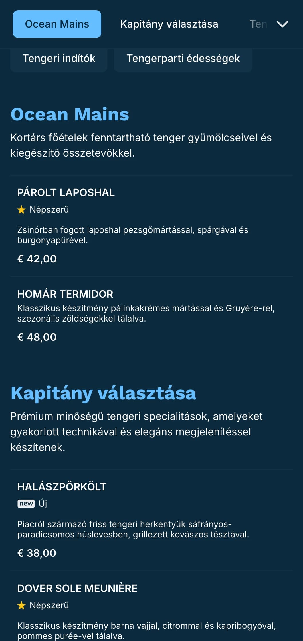 Egy ropogós, kék tónusú, tengerészeti hatásokkal rendelkező vacsora menü, amely tökéletes az előkelő tengeri éttermek számára.