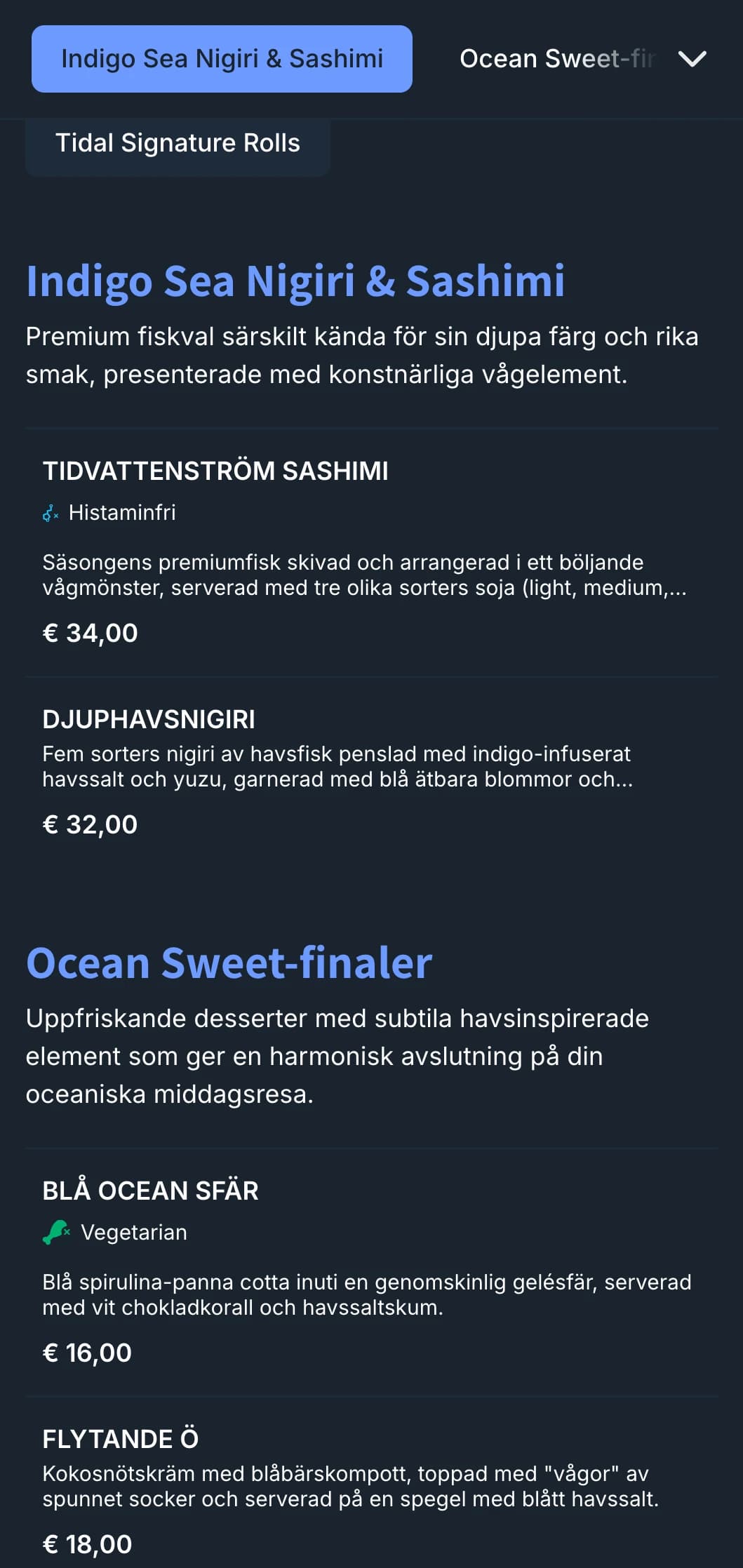 Havsinspirerad sushimeny med djupa indigofärgade vågor och modern design för fisk- och skaldjursinriktade restauranger.