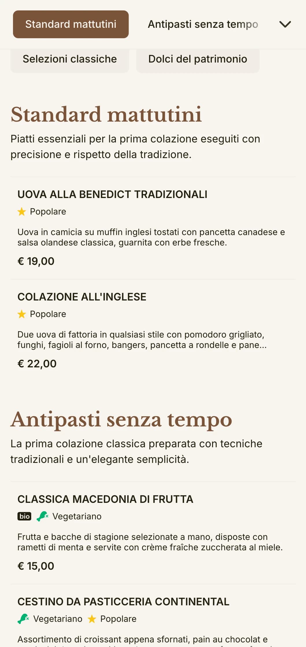 I piatti preferiti della colazione senza tempo, preparati con precisione e cura, presentati in modo elegante e tradizionale.