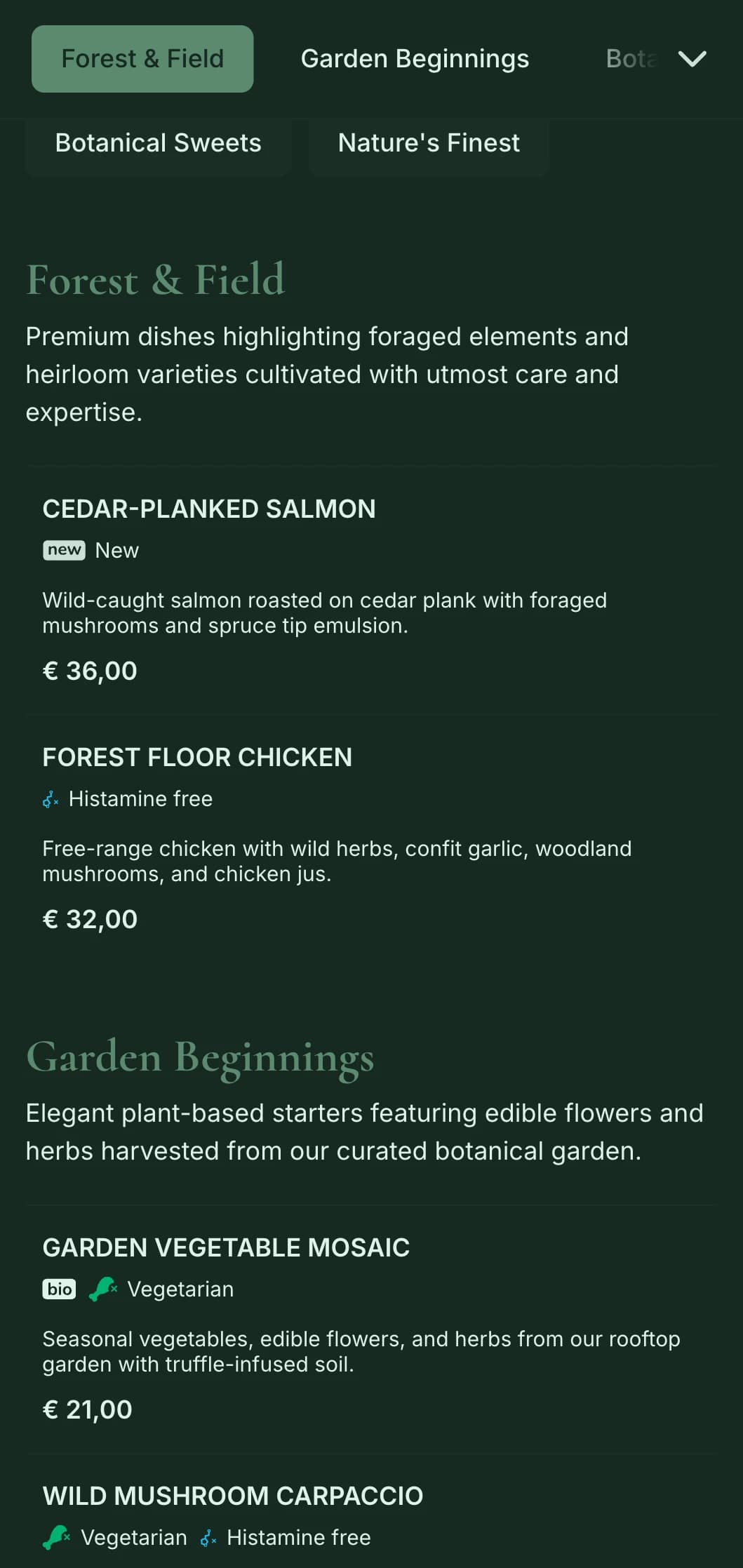 Sophisticated natural elegance with botanical influences, perfect for high-end farm-to-table and garden-inspired fine dining.