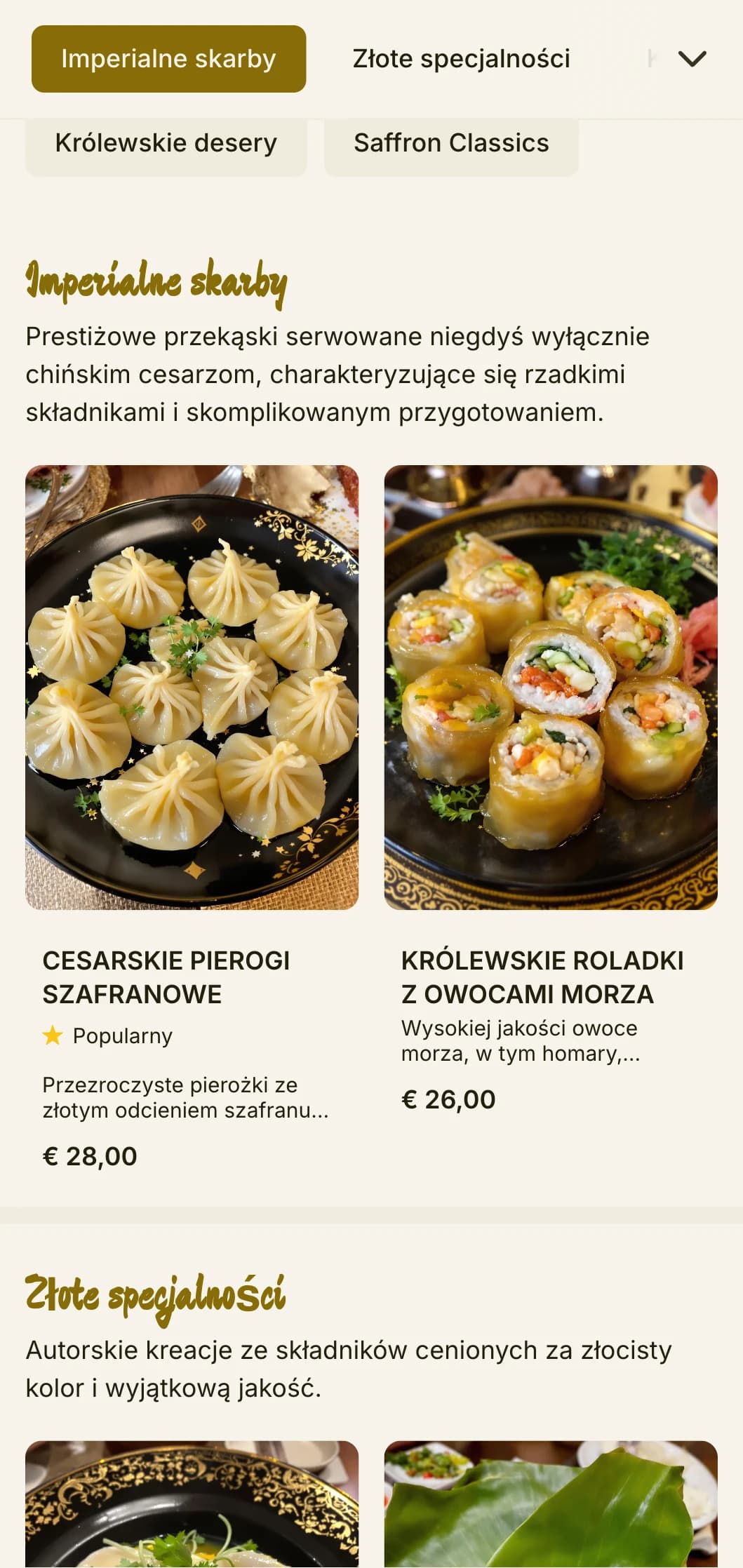 Luksusowe chińskie menu inspirowane cesarskimi kolorami szafranu, z bogatymi elementami zapewniającymi królewskie doznania kulinarne.