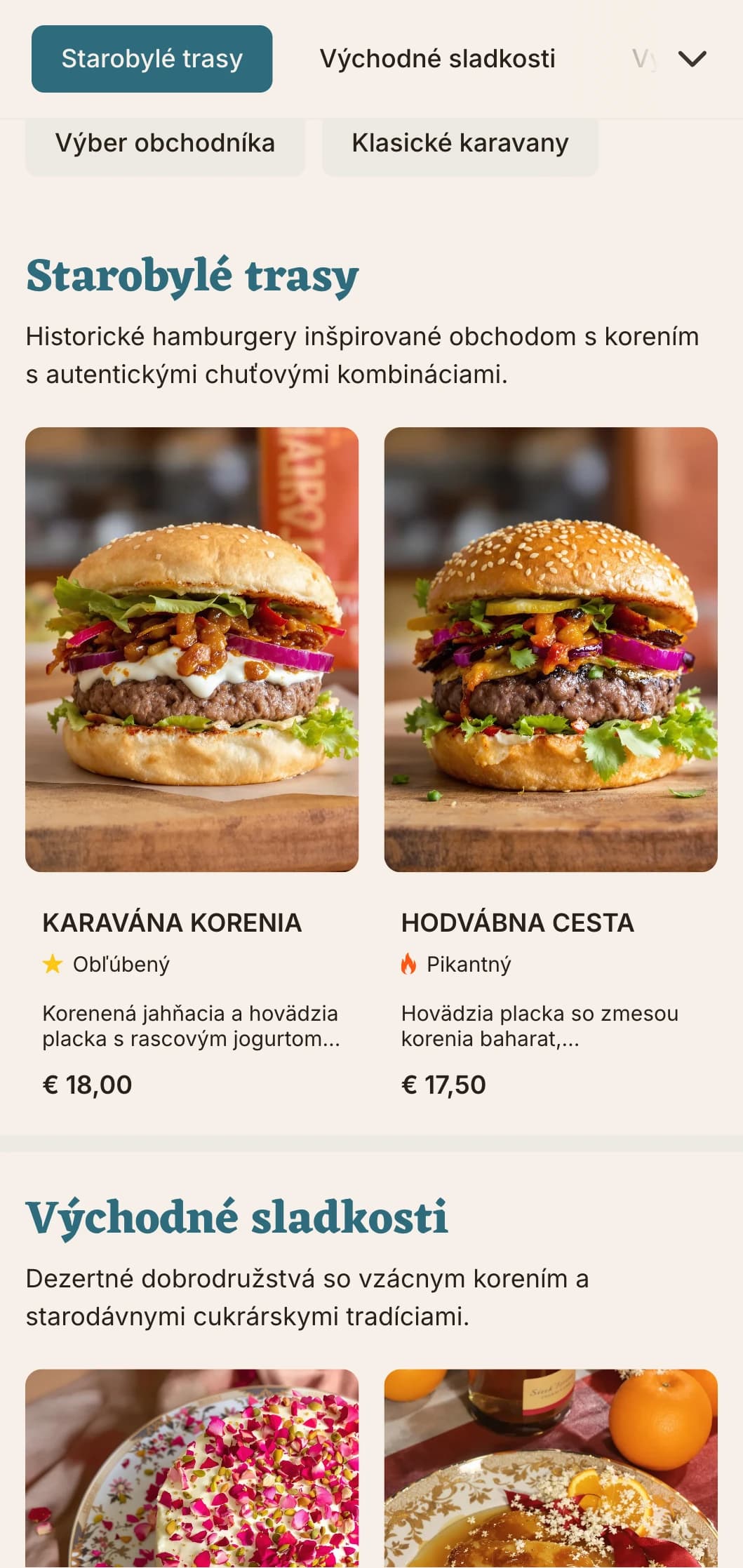 Ponuka hamburgerov inšpirovaná starovekými obchodnými cestami s kombináciami historických chutí.
