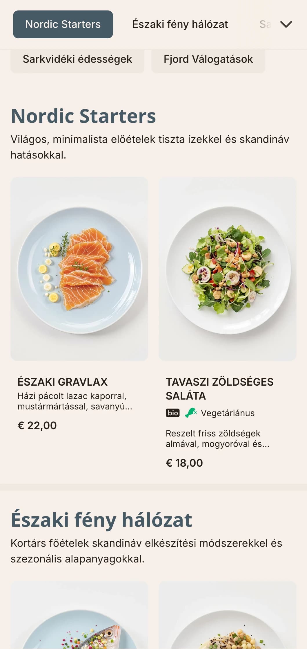 Világos, letisztult vacsora menü skandináv hatásokkal és halványkék akcentusokkal, tökéletes az északi ihletésű konyhához.