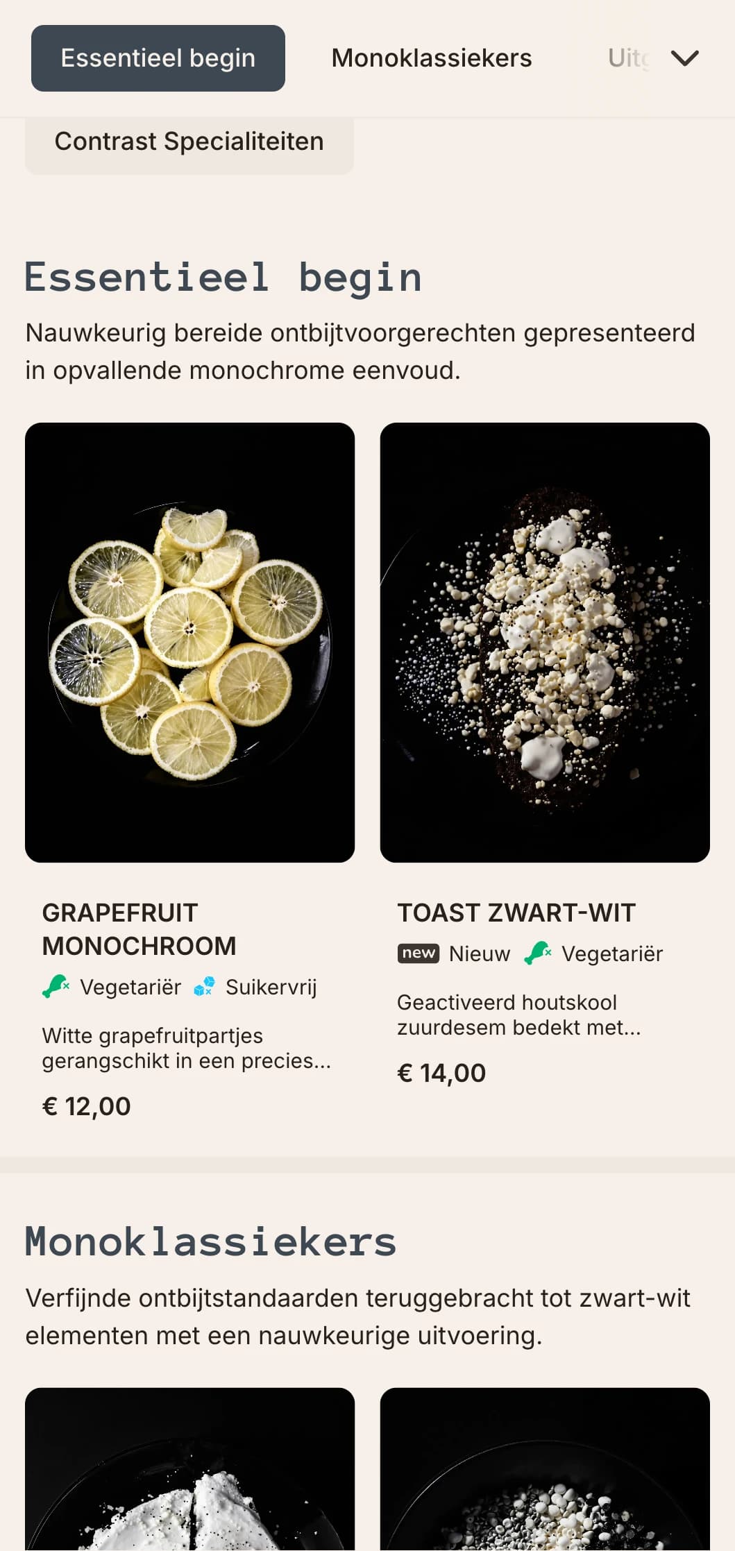 Strakke, monochrome ochtendopties met een precieze samenstelling en eigentijdse smaakprofielen.