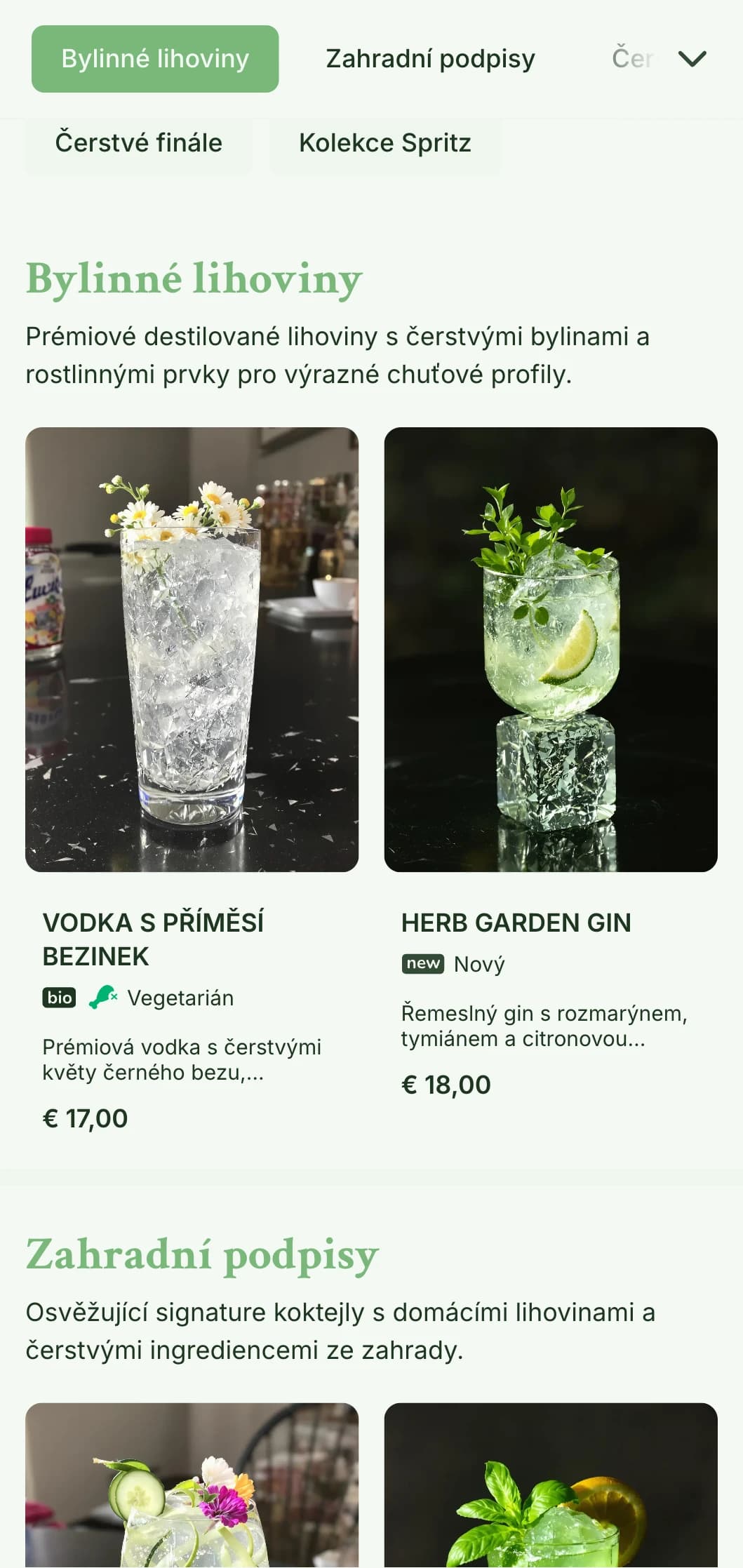 Svěží, zahradou inspirovaný design pro bary specializující se na spritzery a svěží botanické koktejly s lehkou a vzdušnou typografií.