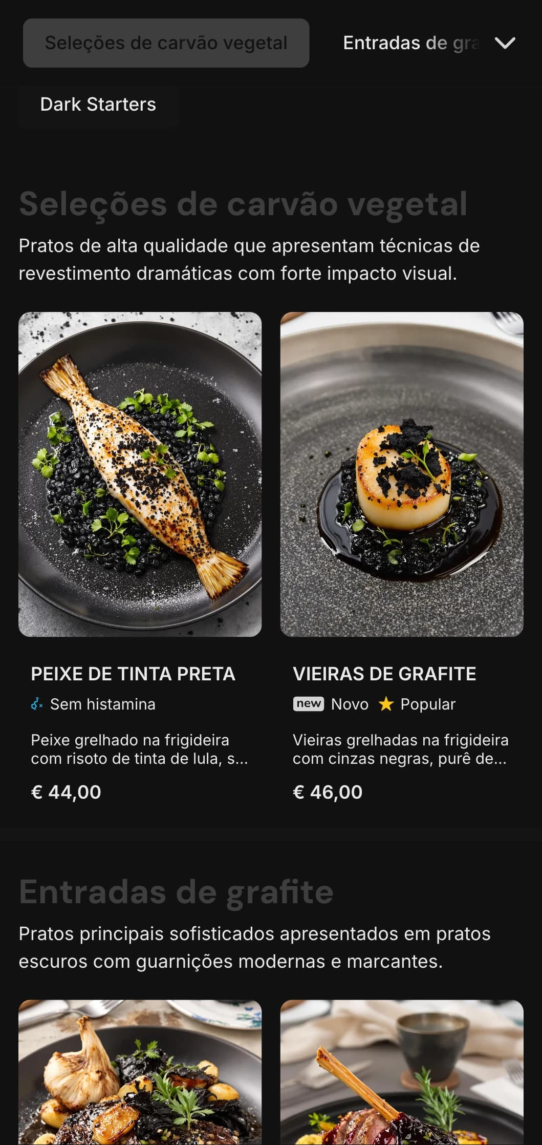 Conceito arrojado e contemporâneo, com tons profundos de carvão e contrastes nítidos para uma experiência gastronômica marcante.