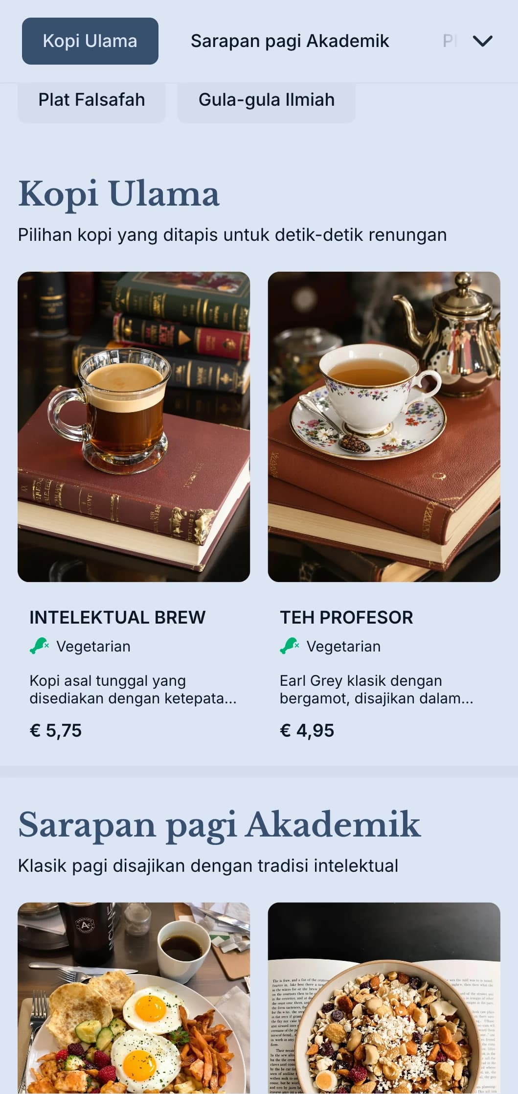 Reka bentuk tentera laut yang canggih dengan elemen akademik untuk kedai kopi bersebelahan universiti.