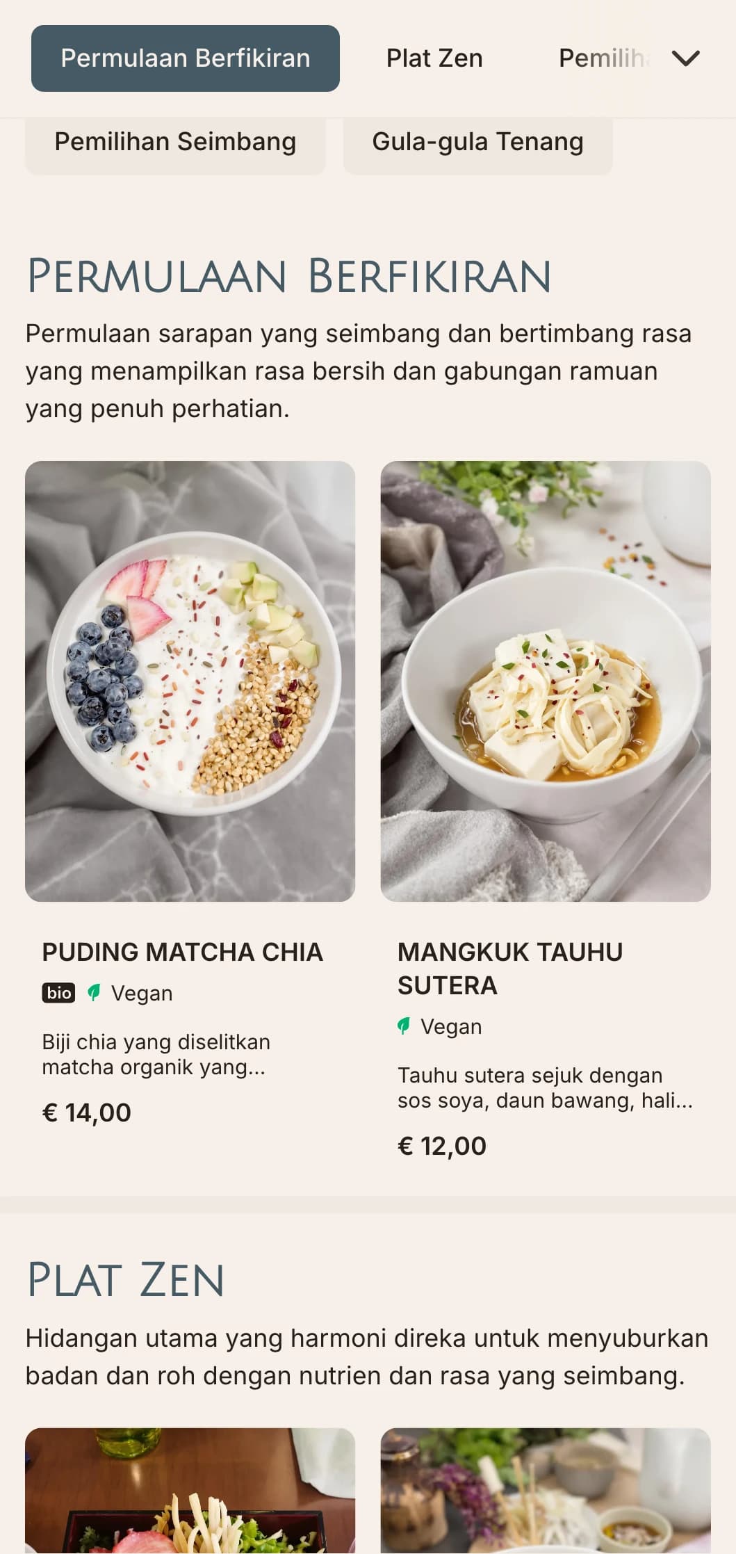 Templat makan tengah hari yang tenang dan seimbang dengan pengaruh Asia, sesuai untuk kafe kesihatan yang menawarkan matcha dan pengalaman menjamu selera.