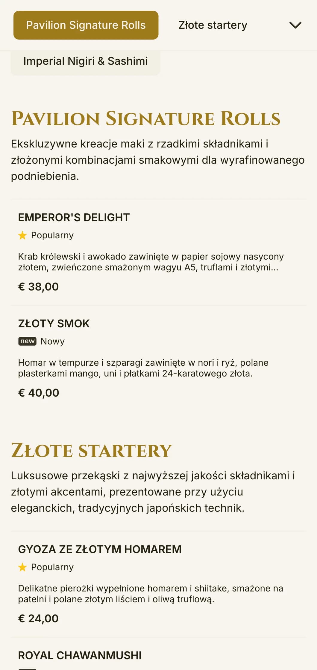 Luksusowe, złocone menu sushi inspirowane słynną świątynią w Kioto, z elegancką typografią i tradycyjnymi elementami.