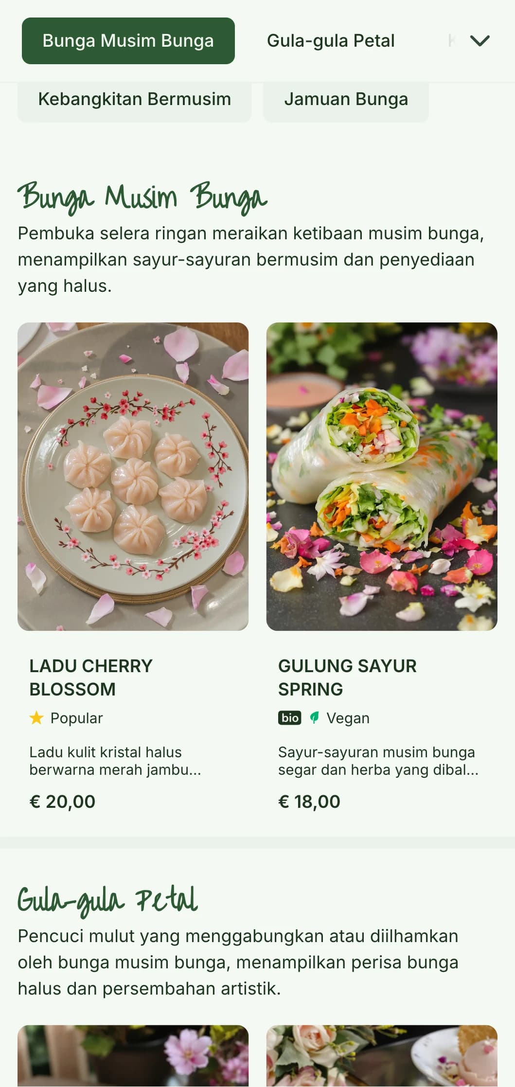 Reka bentuk menu Cina segar yang diilhamkan oleh bunga ceri dan plum, dengan corak halus untuk tawaran musim bunga bermusim.