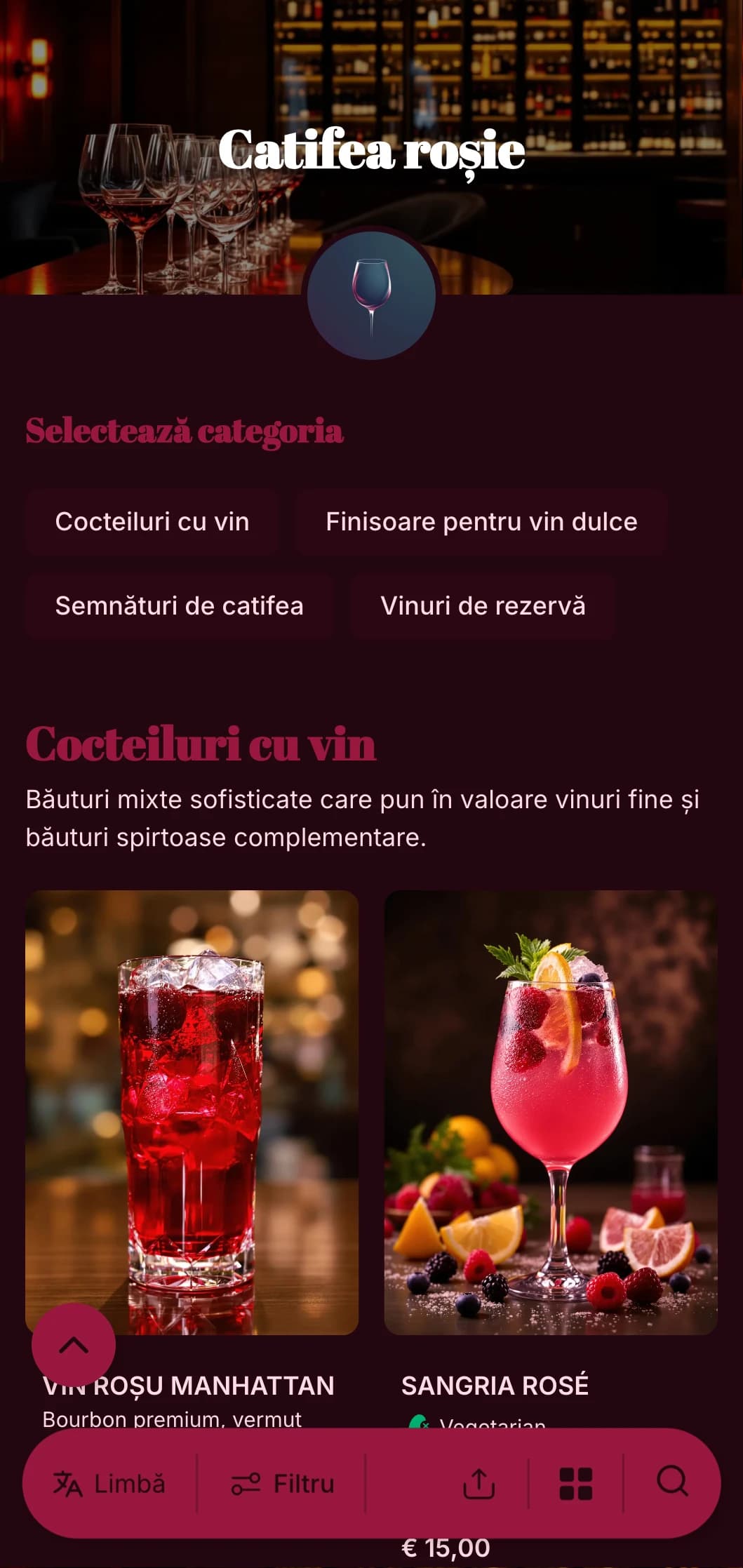 Un design luxos și dramatic pentru baruri de vinuri și saloane de lux, cu tonuri bogate de roșu și tipografie îndrăzneață.