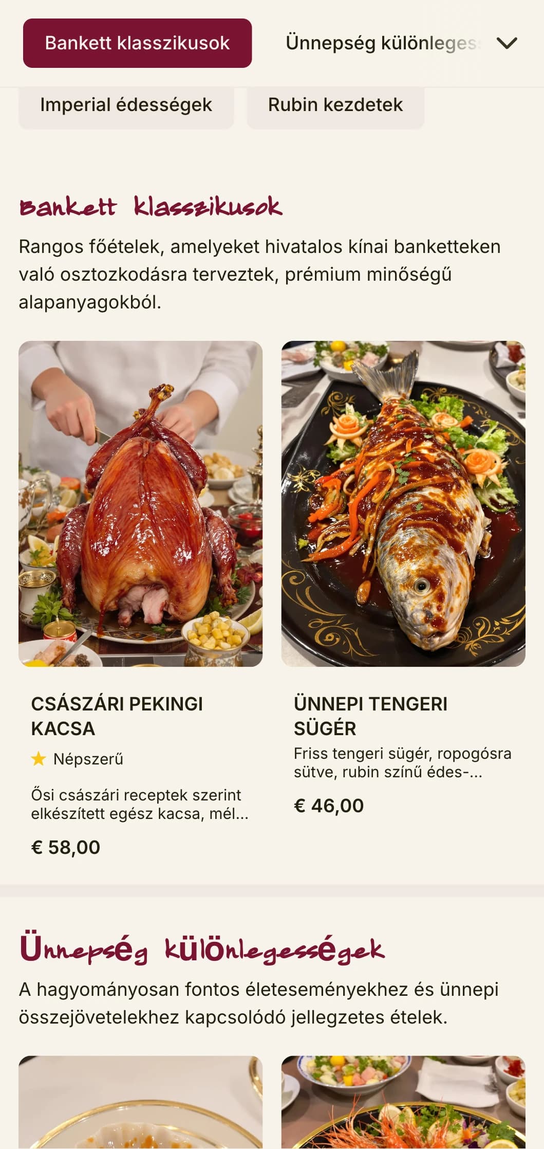 A császári lakomák által inspirált fényűző kínai menüsor kialakítása, rubinszínű hangsúlyokkal az ünnepi és ünnepi konyha számára.